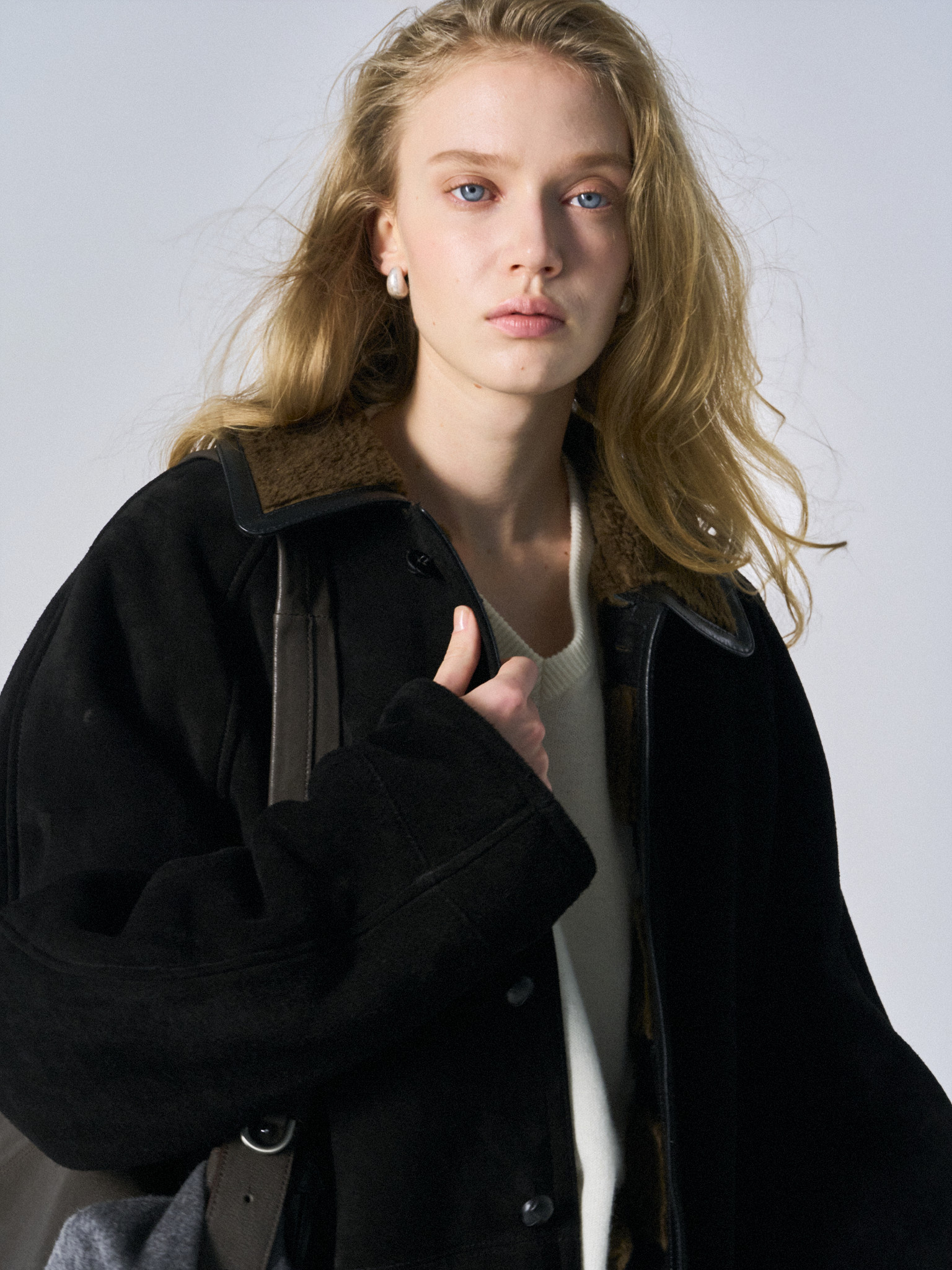 Brogan cow suede shearling car coat ink