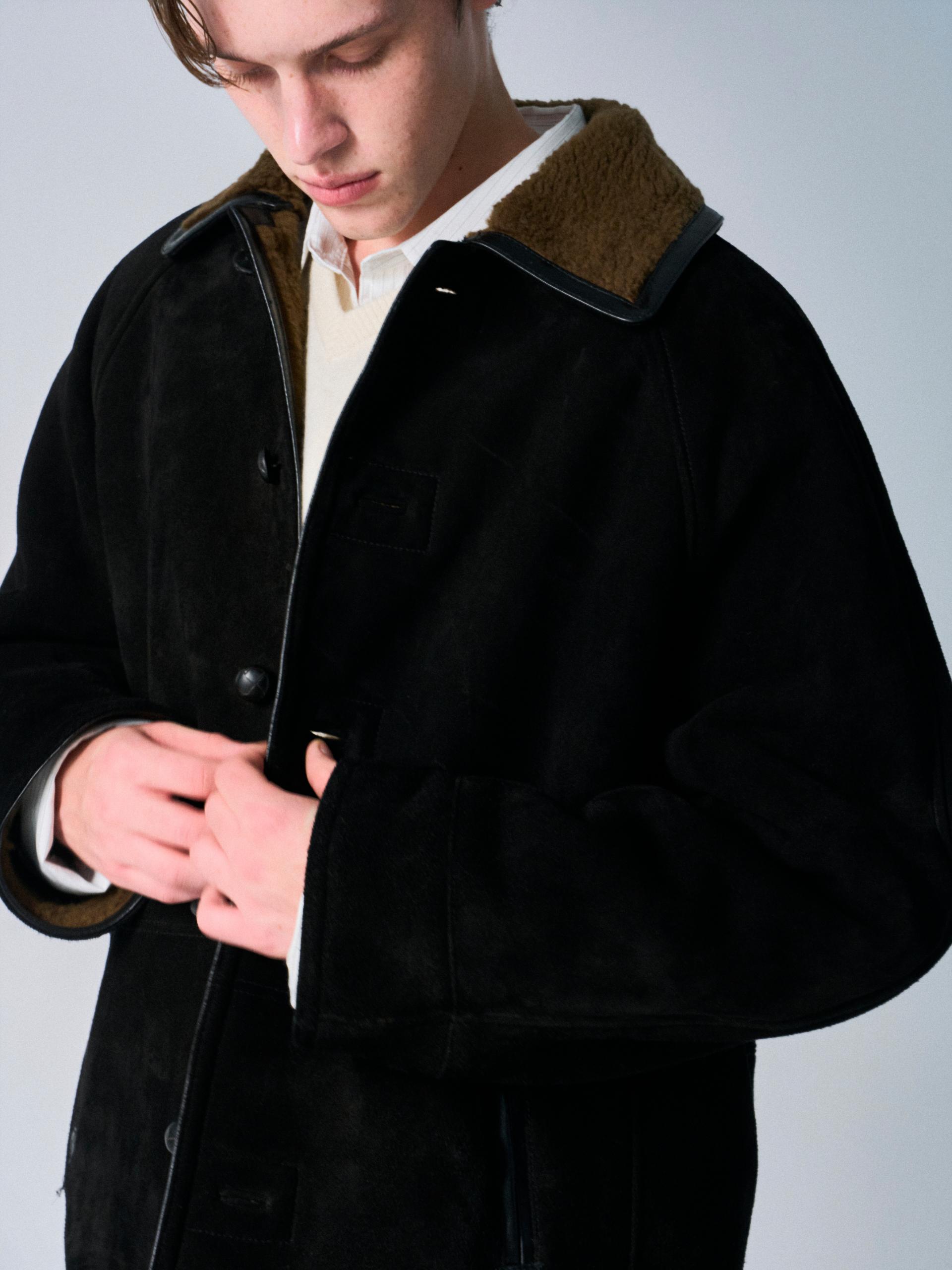 Brogan cow suede shearling car coat ink