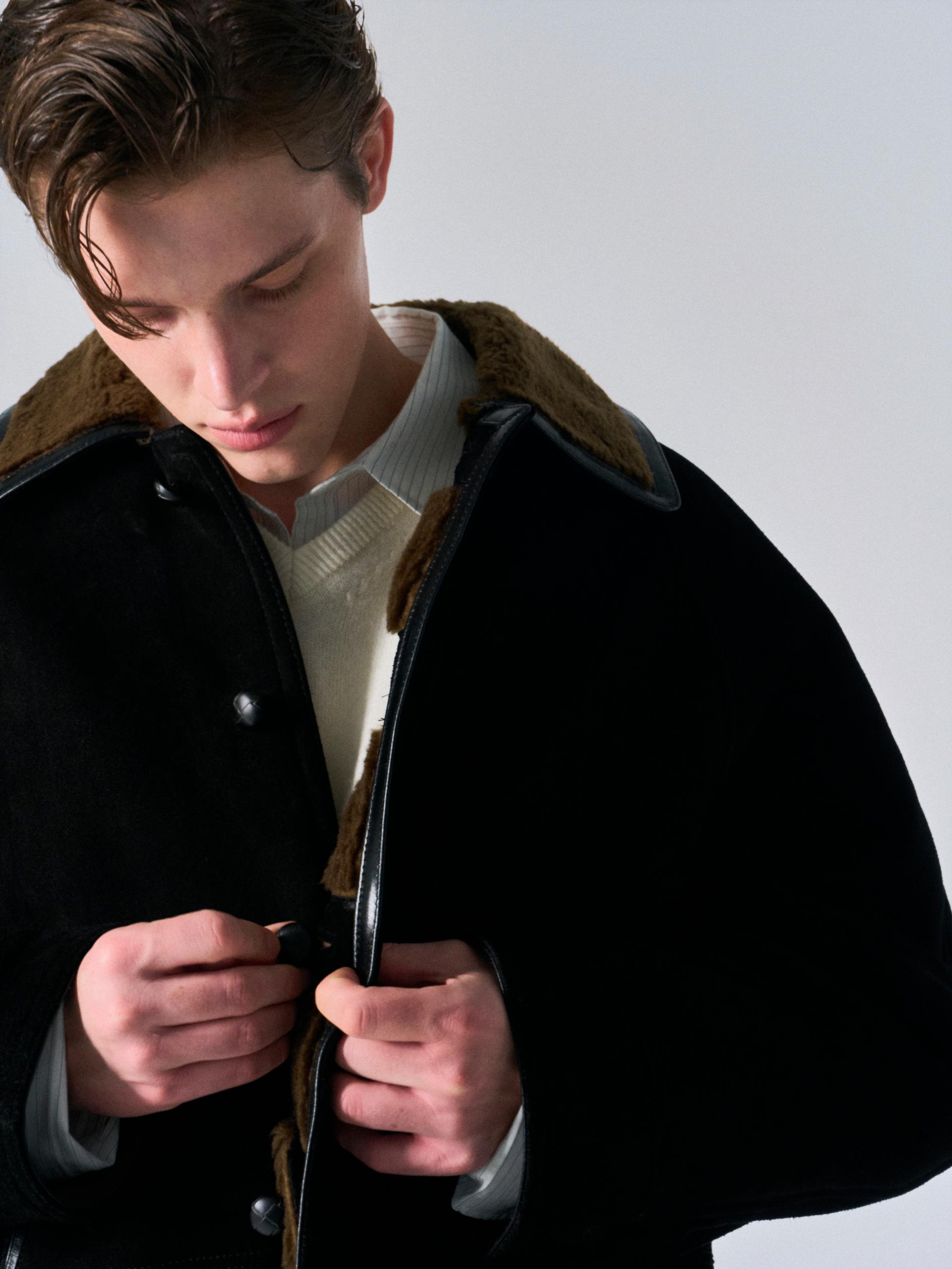 Brogan cow suede shearling car coat ink