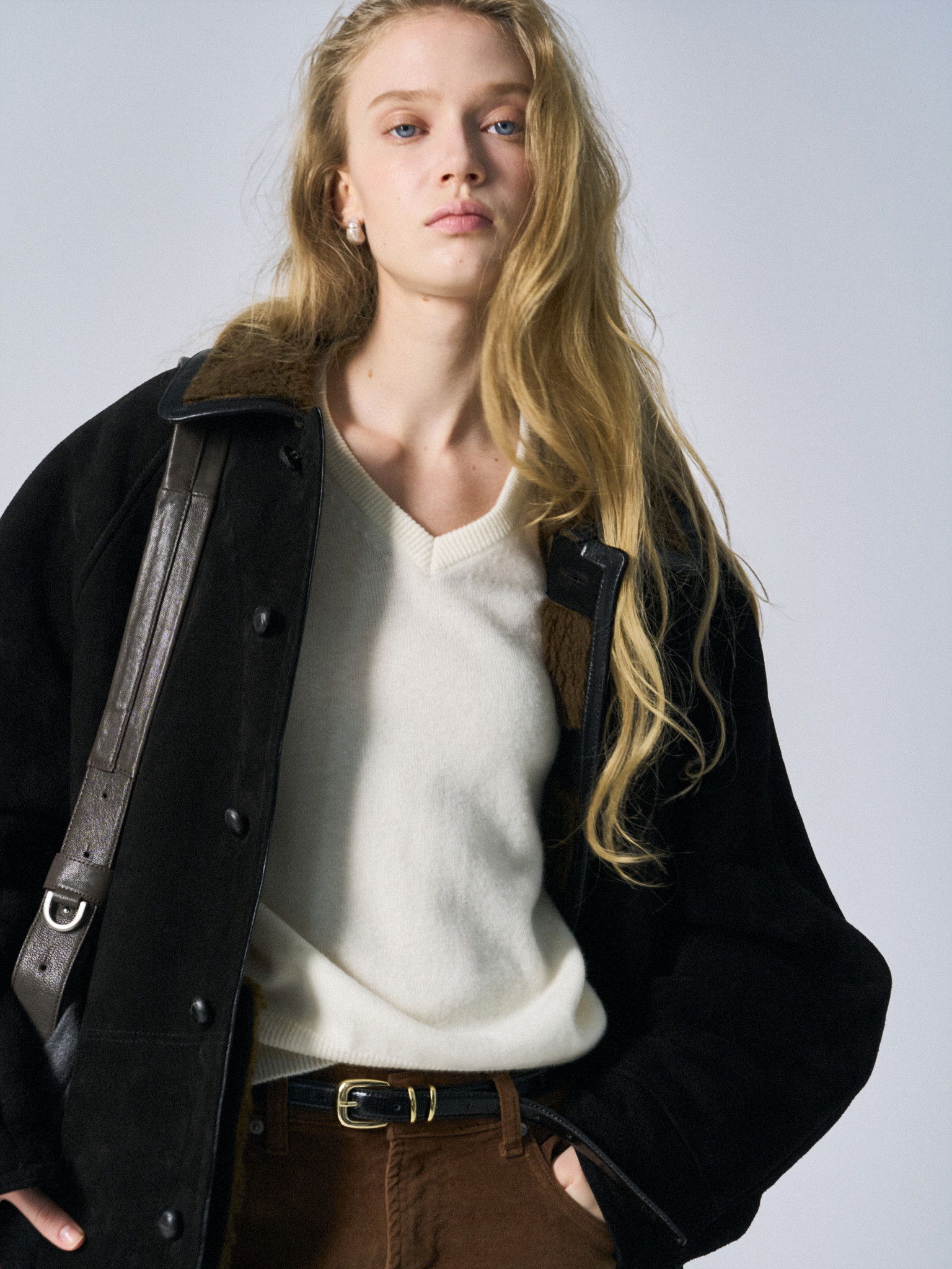 Brogan cow suede shearling car coat ink