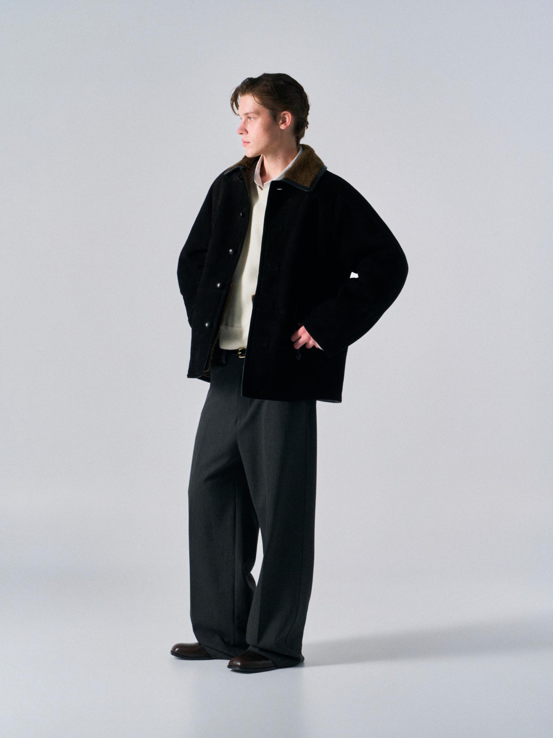 Brogan cow suede shearling car coat ink