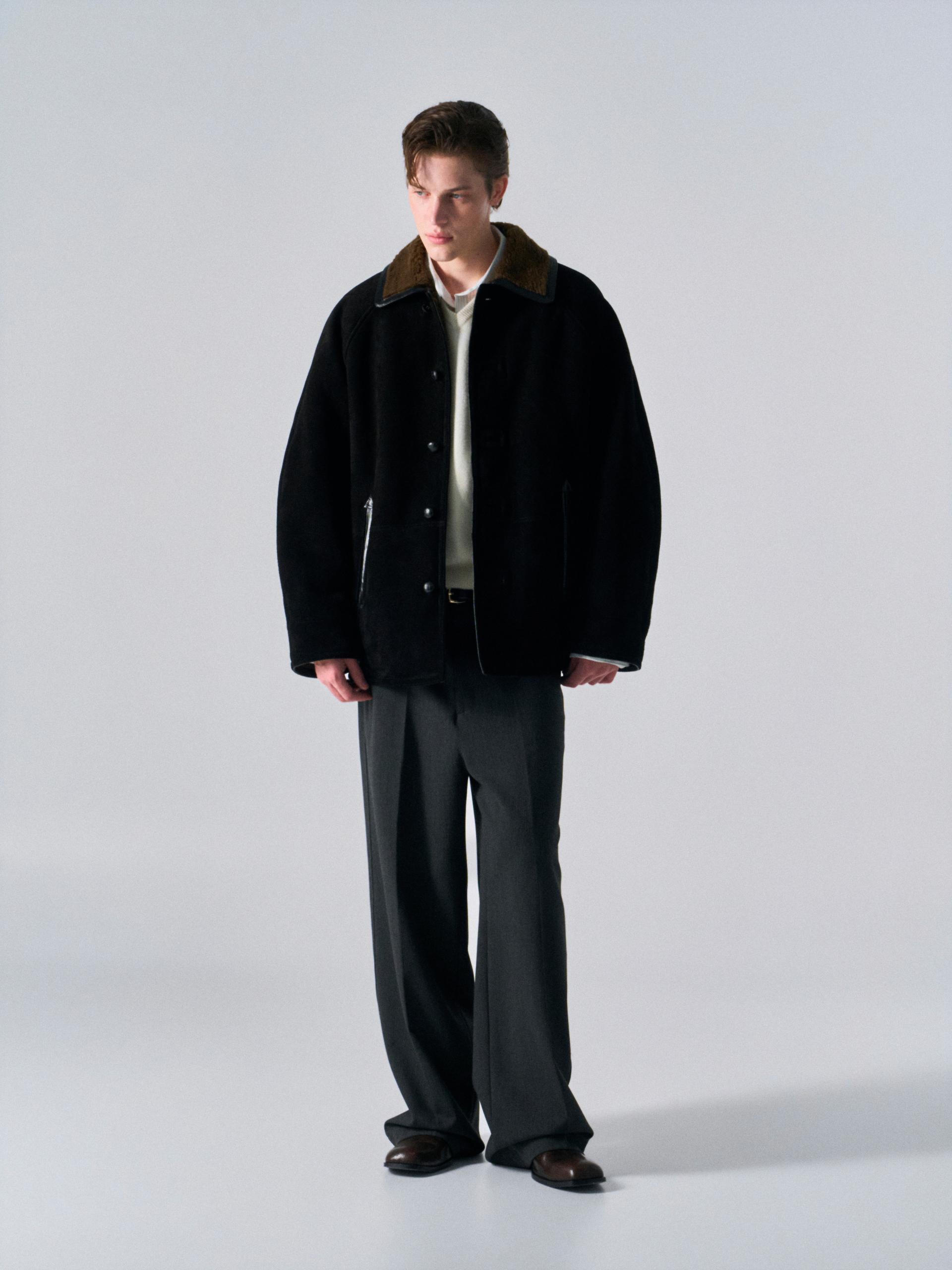 Brogan cow suede shearling car coat ink