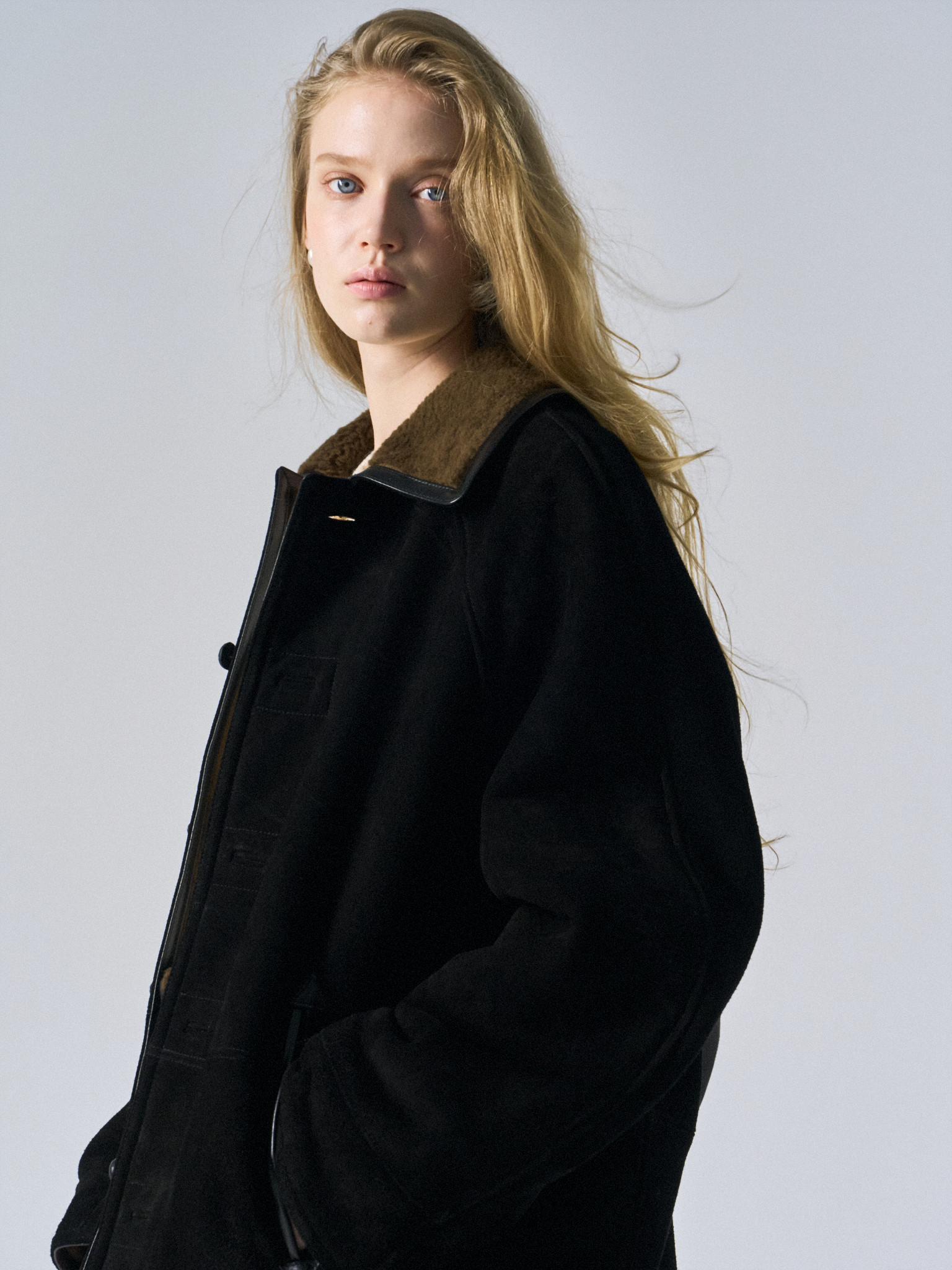 Brogan cow suede shearling car coat ink