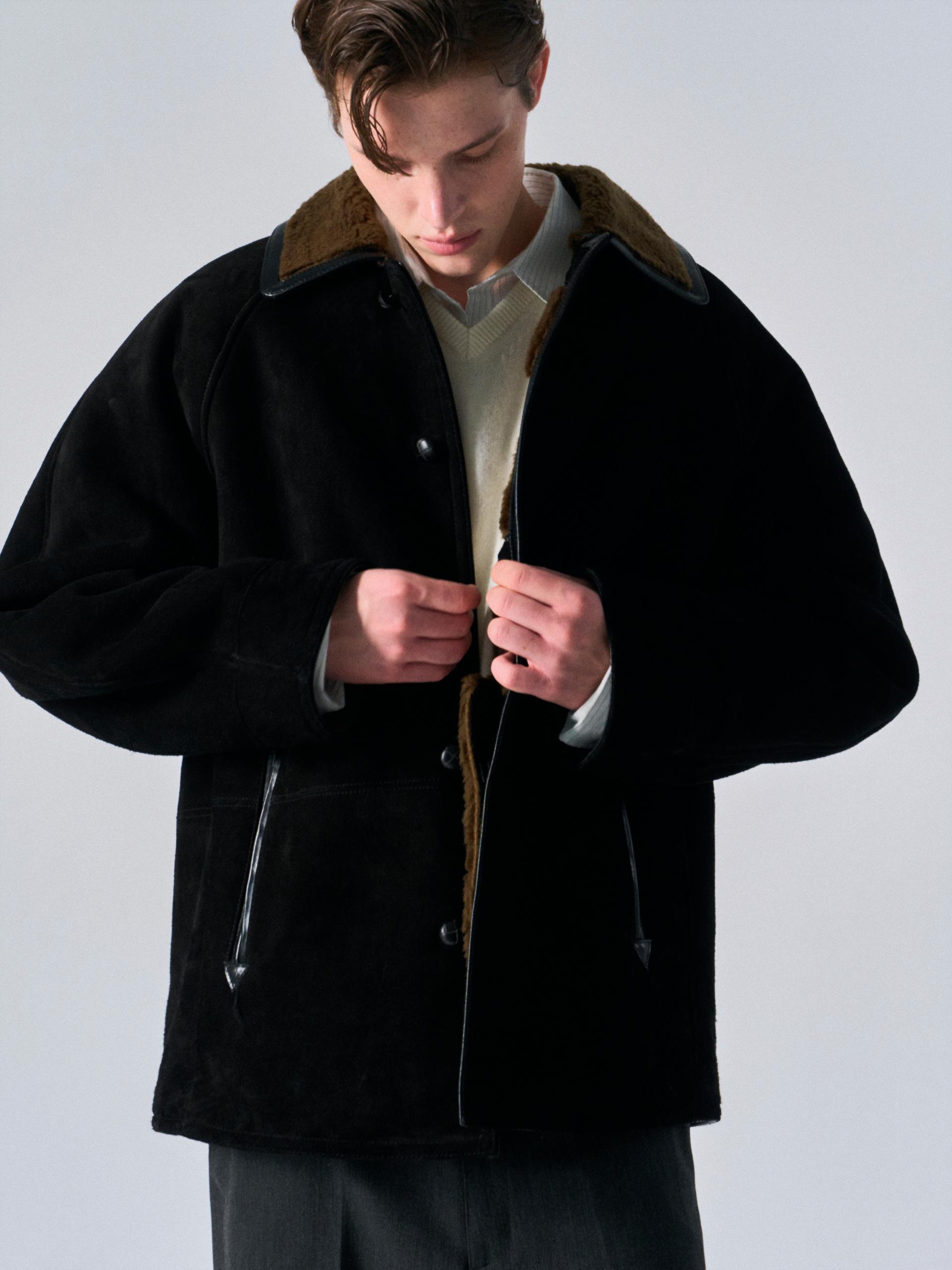 Brogan cow suede shearling car coat ink