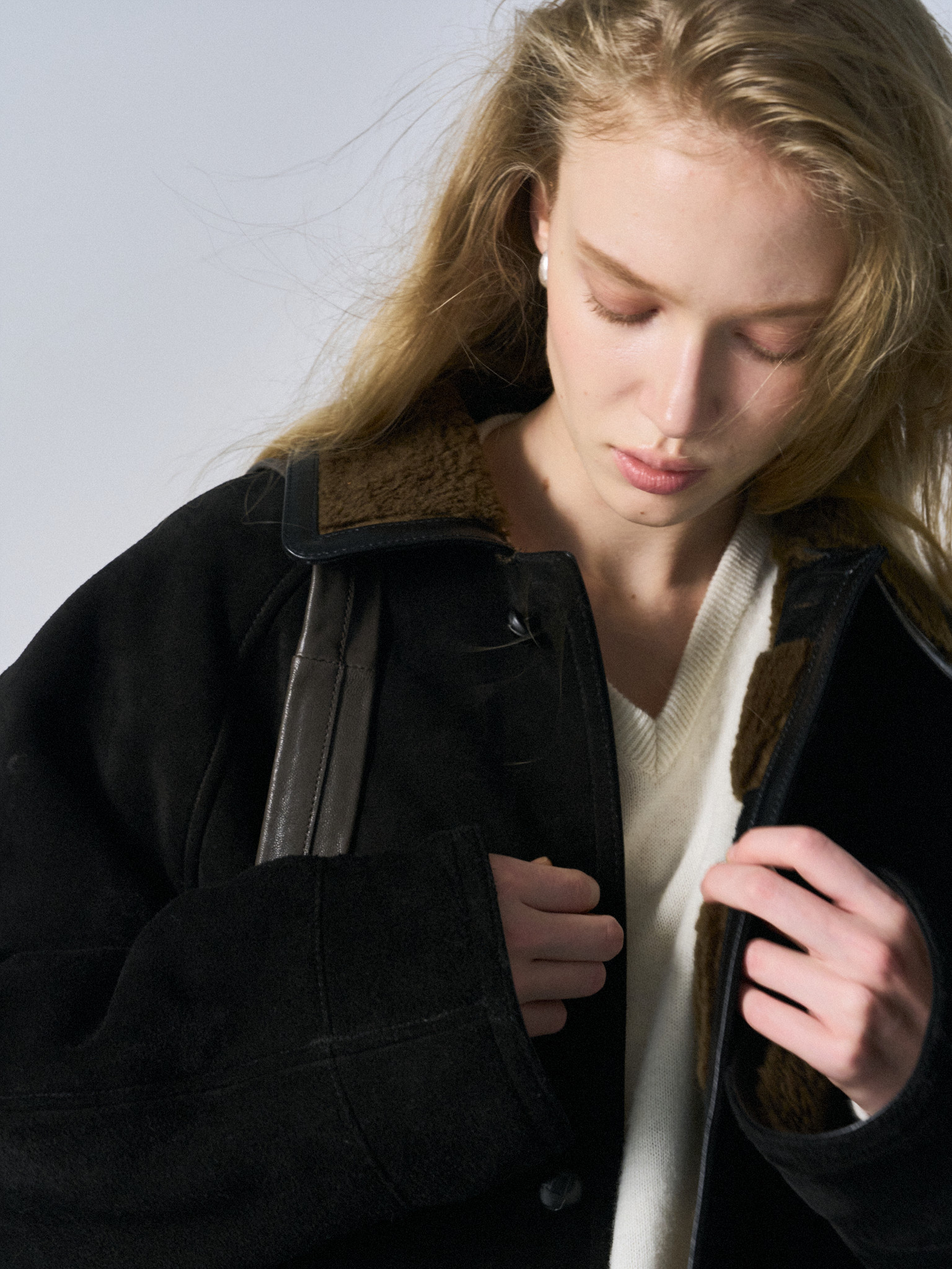 Brogan cow suede shearling car coat ink