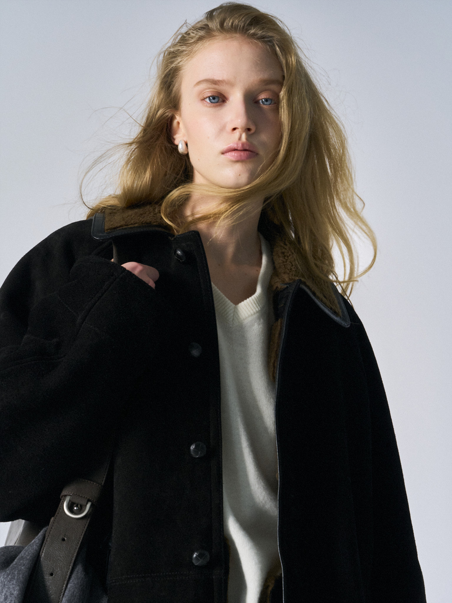Brogan cow suede shearling car coat ink