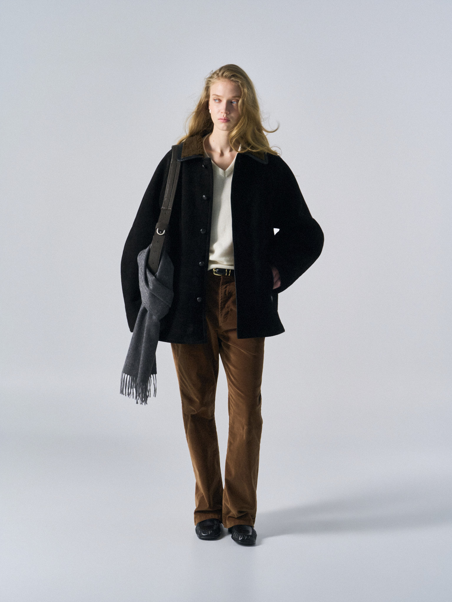 Brogan cow suede shearling car coat ink