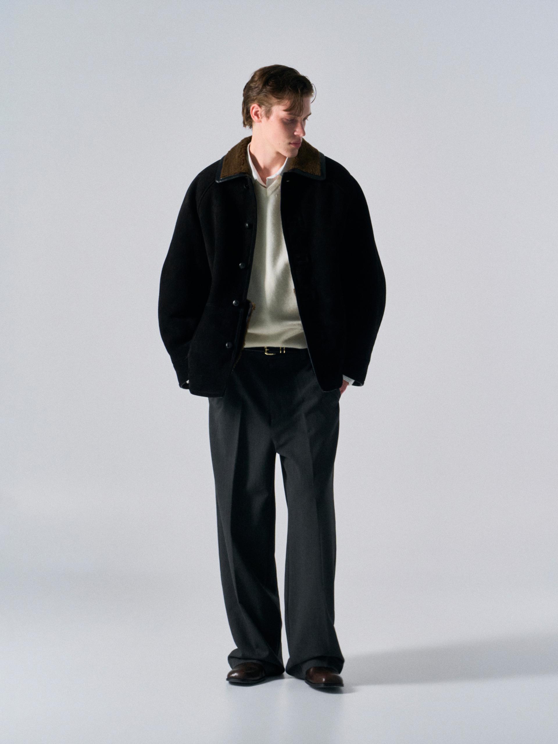 Brogan cow suede shearling car coat ink