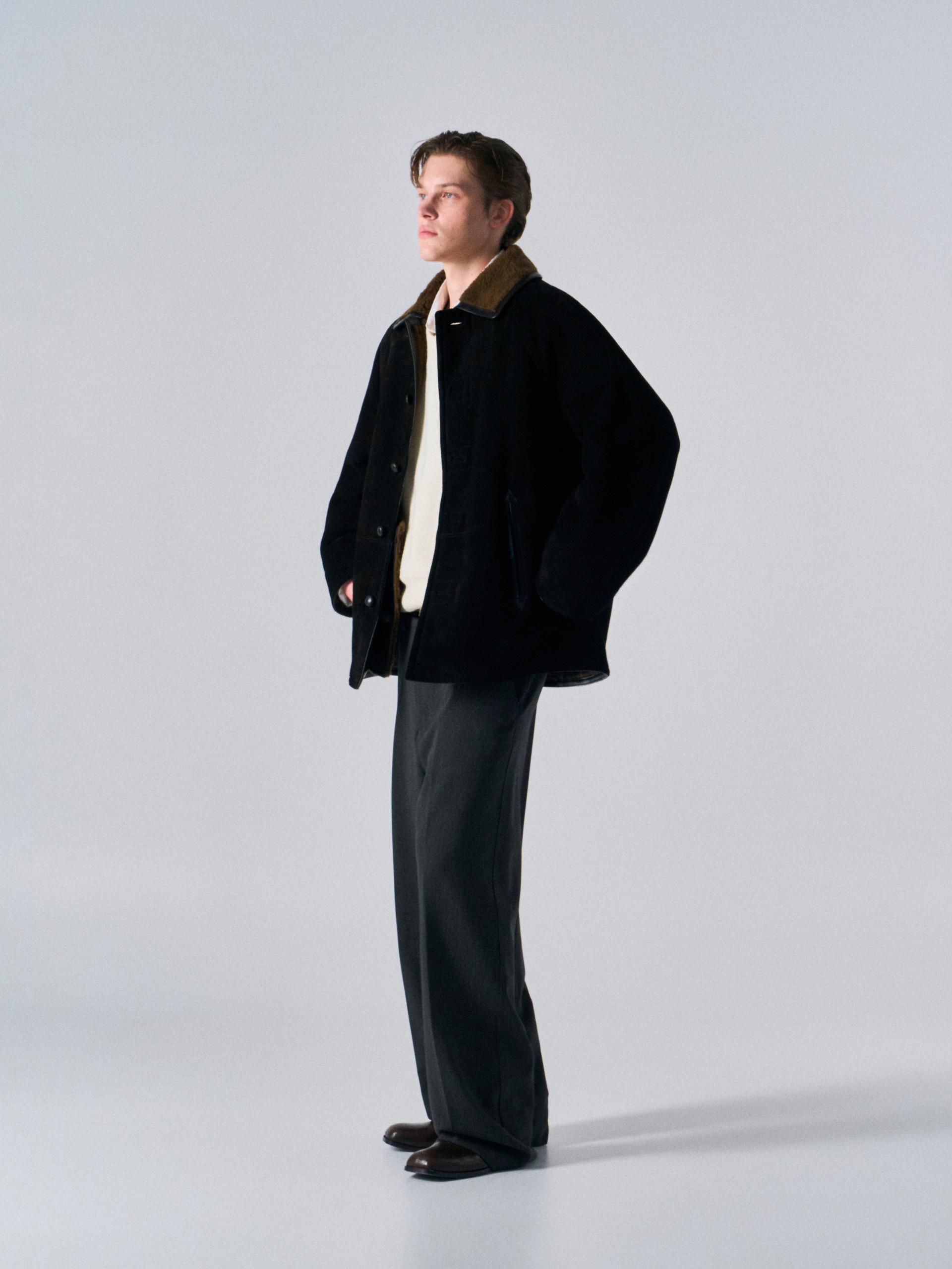 Brogan cow suede shearling car coat ink