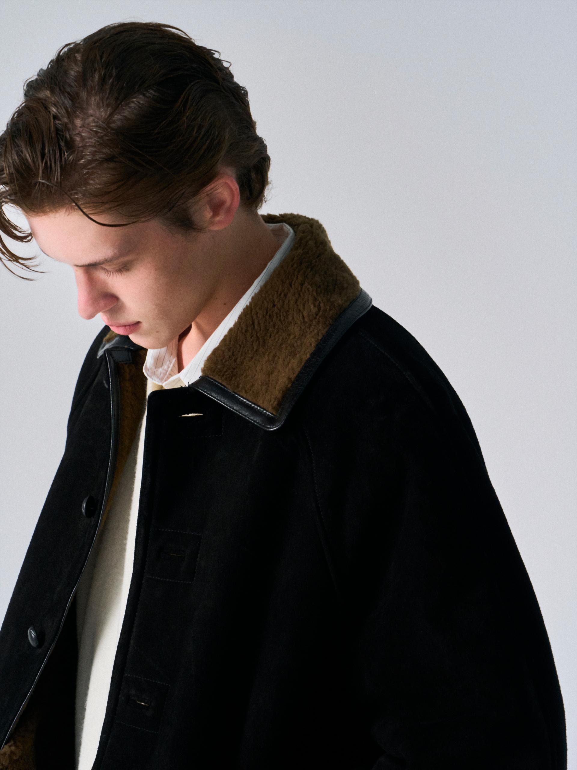 Brogan cow suede shearling car coat ink