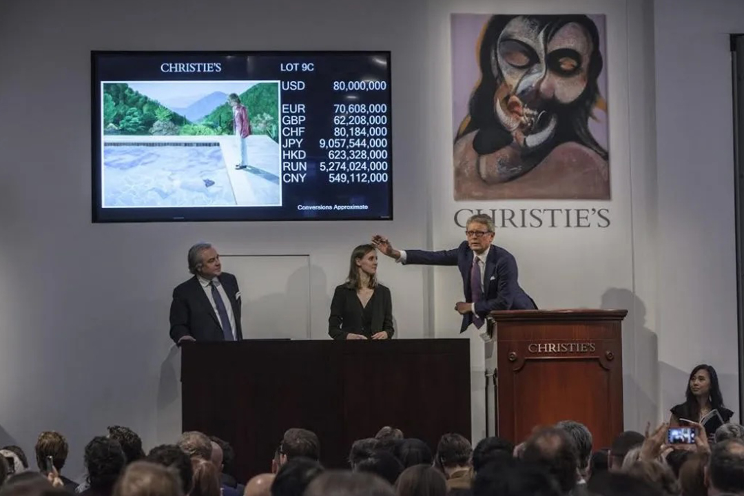 Bidding for David Hockney, Portrait of an Artist (Pool with Two Figures) , 1972, which was offered with no reserve price at Christie's post-war and contemporary evening sale in November 2018. Courtesy of Christie's Images Ltd.
