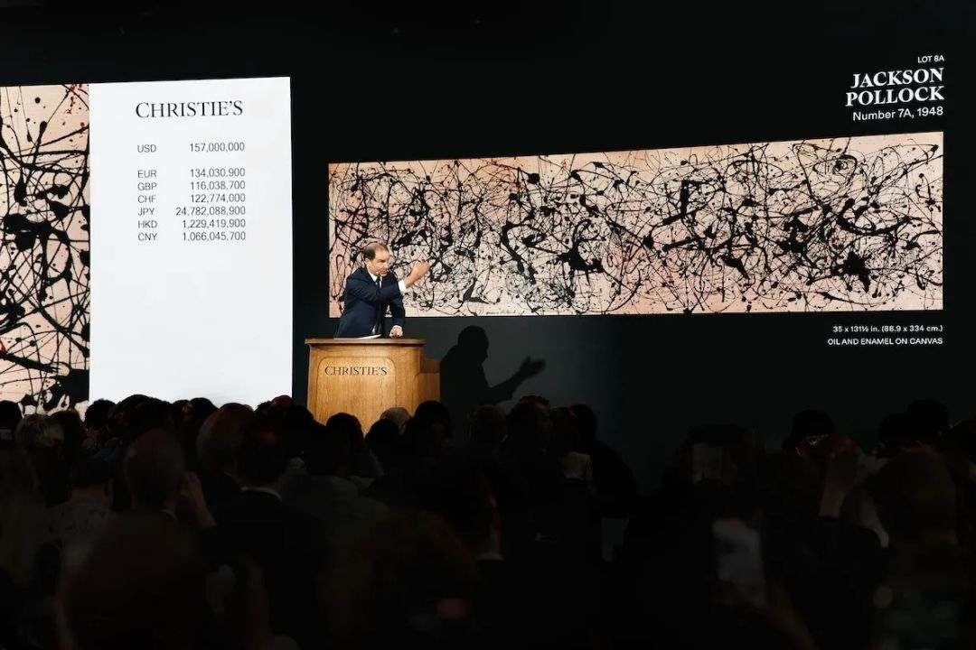 Auctioneer Adrien Meyer secures the winning bid for Jackson Pollock’s Number 7A, 1948 of $157 million. Courtesy Christie’s