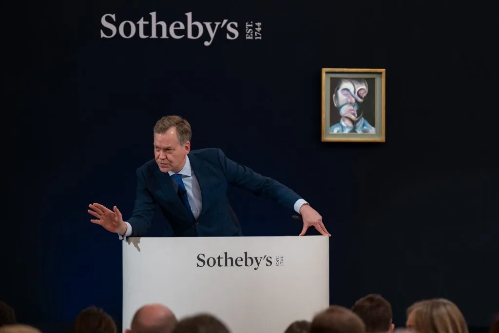 Auctioneer Oliver Barker at Sotheby's London Modern and contemporary evening sale on Wednesday. Photo: Rayan Bamhayan. Courtesy of Sotheby's.