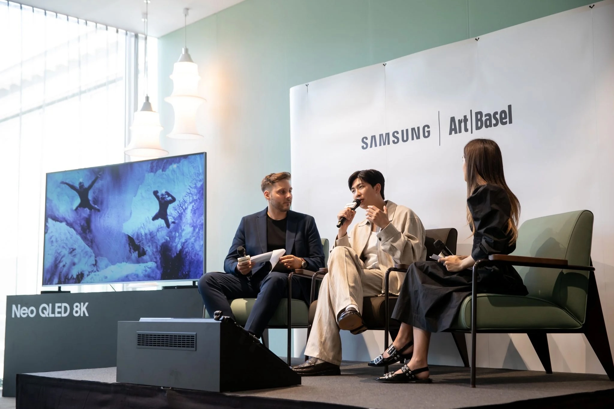RM of K-pop boyband BTS (middle) attended a panel discussion as Samsung Art TV’s latest global ambassador at Art Basel in Basel 2025. Courtesy of Samsung Art Store.
