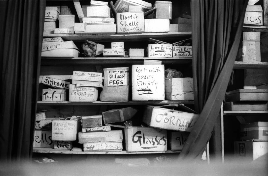 Joseph Cornell’s studio in the basement of his family home in Queens, New York, 1971. Photo: © Harry Roseman .