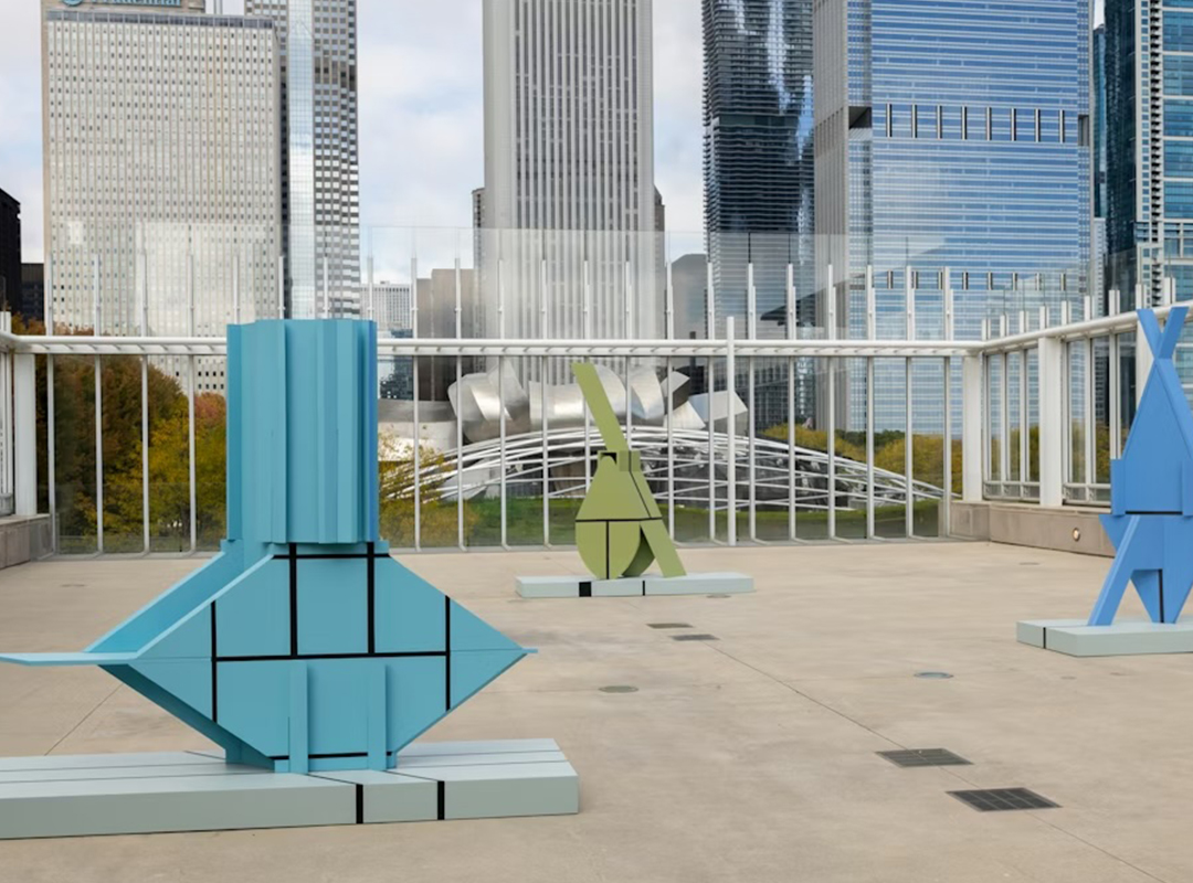 An installation view of Diane Simpson: “Good for Future” on the Art Institute’s Bluhm Family Terrace