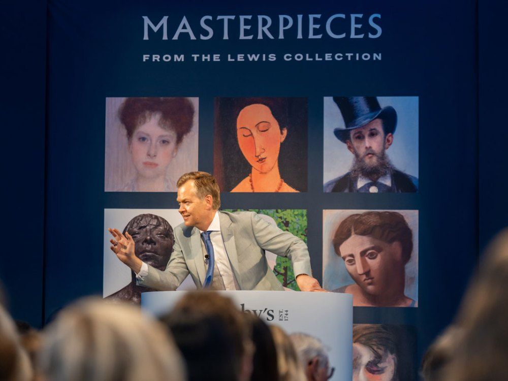 Auctioneer Oliver Barker during Sotheby's London's "Masterpieces from the Lewis Collection" sale on Wednesday night. Photo Rayan Bamhayan/Courtesy Sotheby's