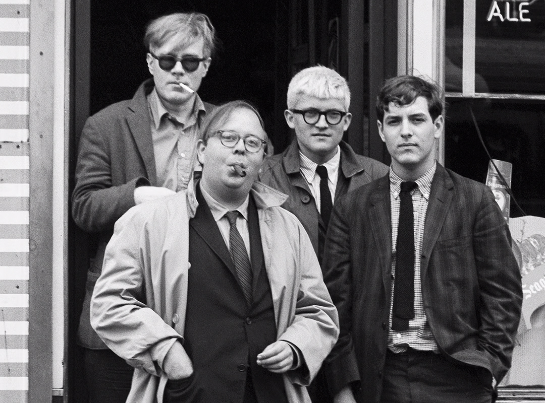 Andy Warhol, David Hockney, Henry Geldzahler, and Jeff Goodman from "Out of the 60s" Photo by Dennis Hopper.