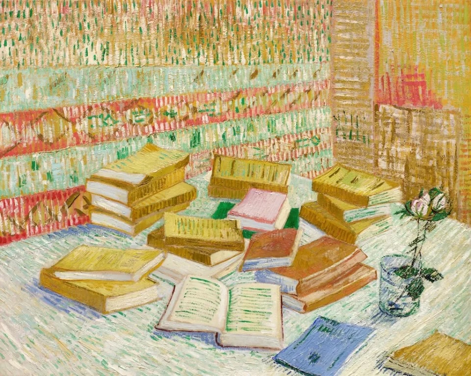 Vincent van Gogh, Piles de romans parisiens et roses dans une verre (Romans parisiens), 1887. Photo : Sotheby's