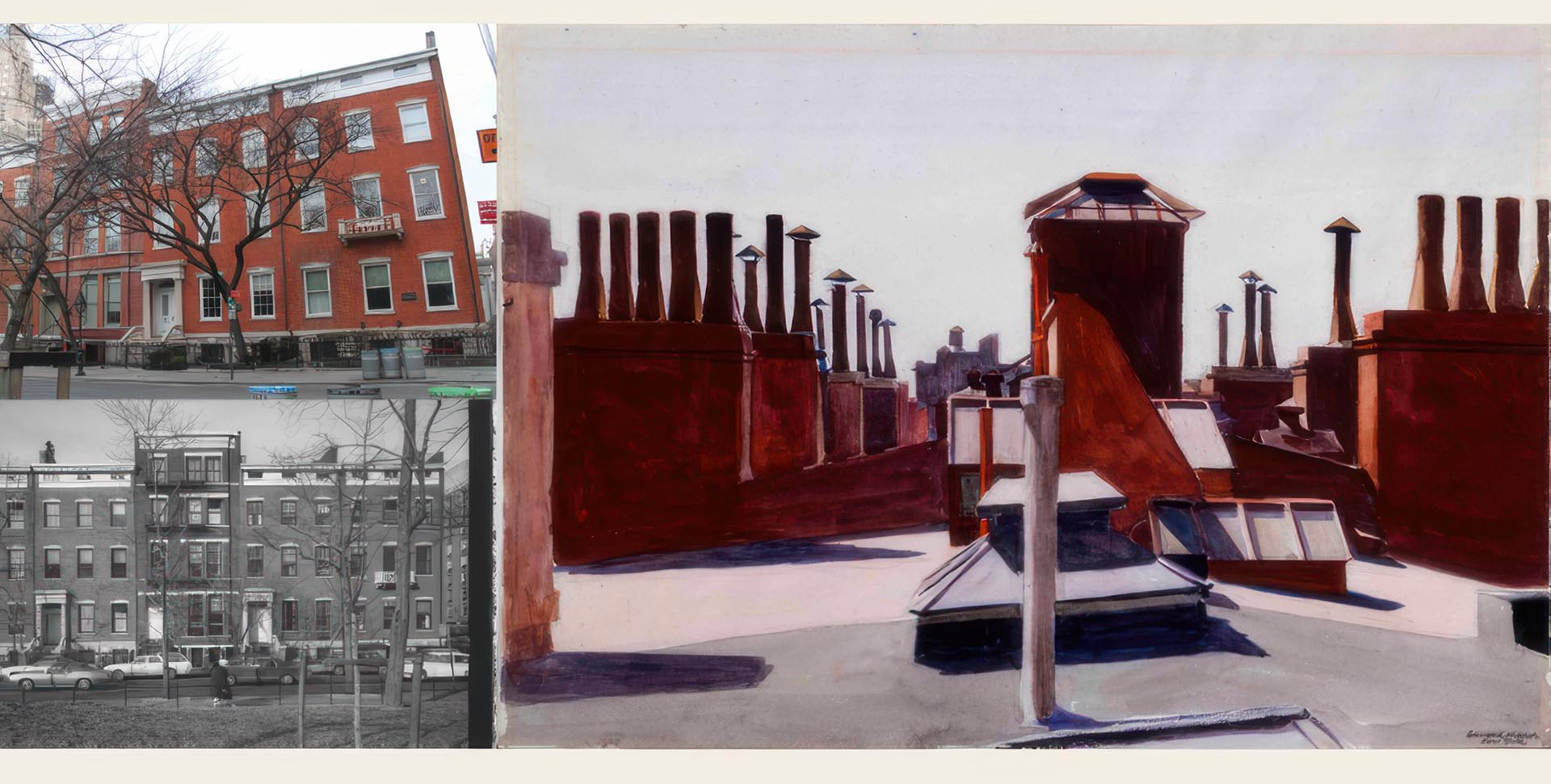 1-3 Washington Square North (R-L; 3 Washington Square North is the third building from the right). Image of "Roofs, Washington Square" via Carnegie Museum of Art