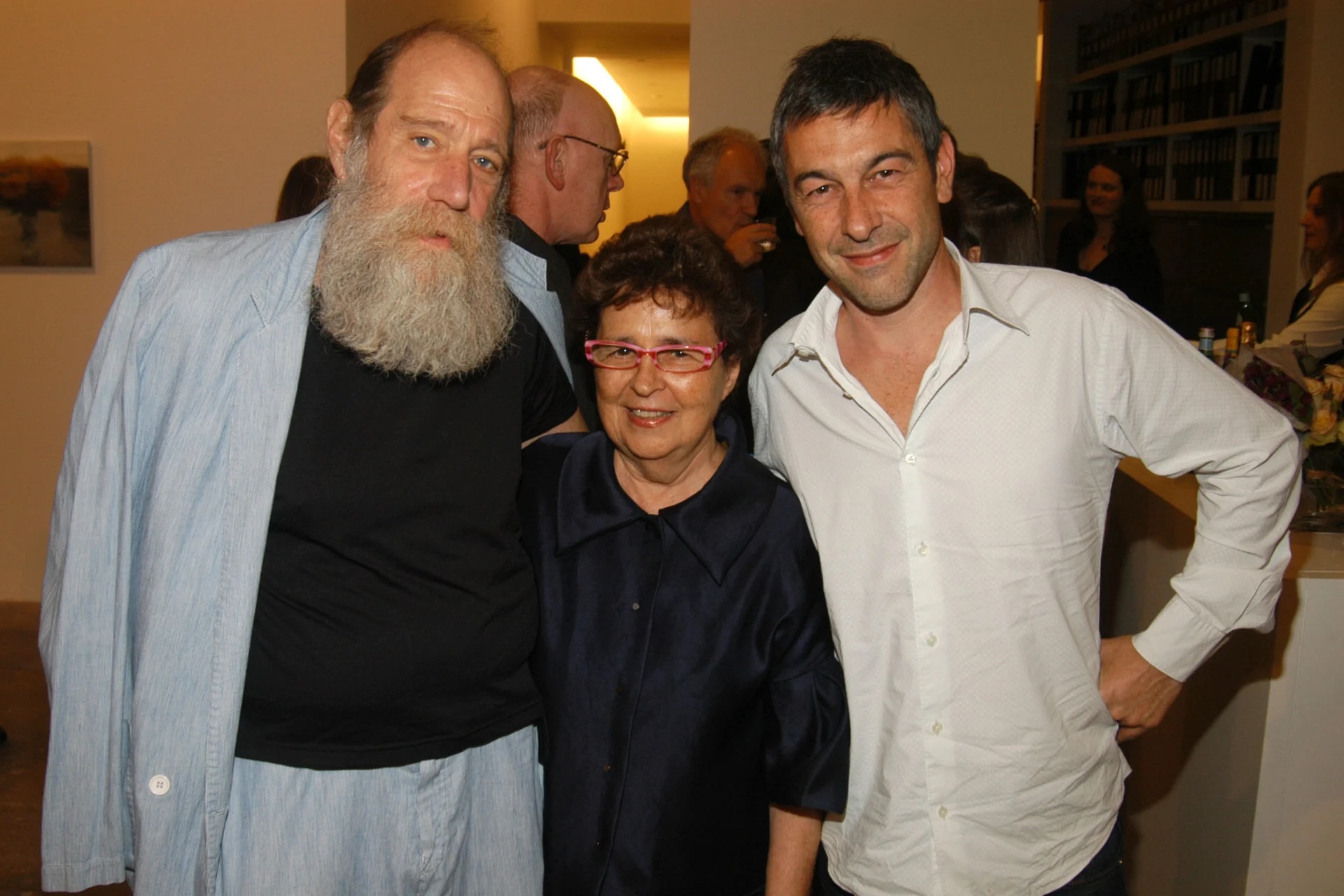 Lawrence Weiner, Marian Goodman, and Pierre Huyghe. ©PatrickMcMullan. Photo: A. Scott.