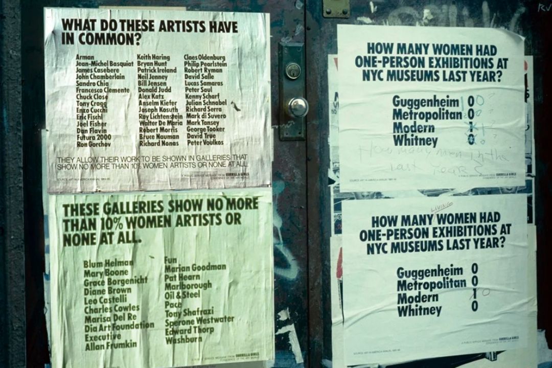 GUERRILLA GIRLS' FIRST POSTERS ON NYC STREETS Del Re Tony Shatra: Some of our first posters plastered on the streets of SoHo. Frumkin Washburn © 1985 Guerrilla Girls