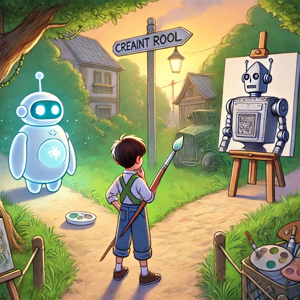 DALL·E 2025-04-13 16.45.34 - A Ghibli-style illustration showing a thoughtful young artist standing at a crossroad, with one path leading to a glowing AI robot offering a paintbru