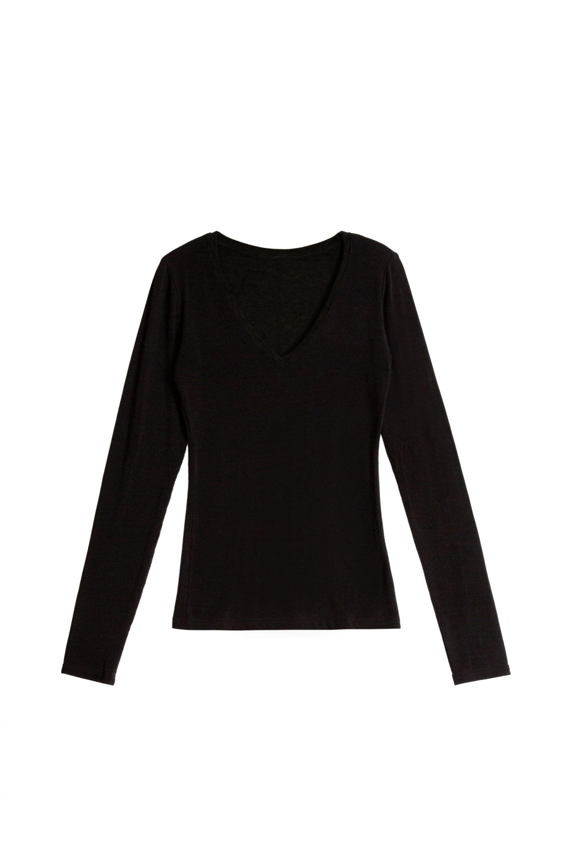 Deep V L/S T-shirts [Black]