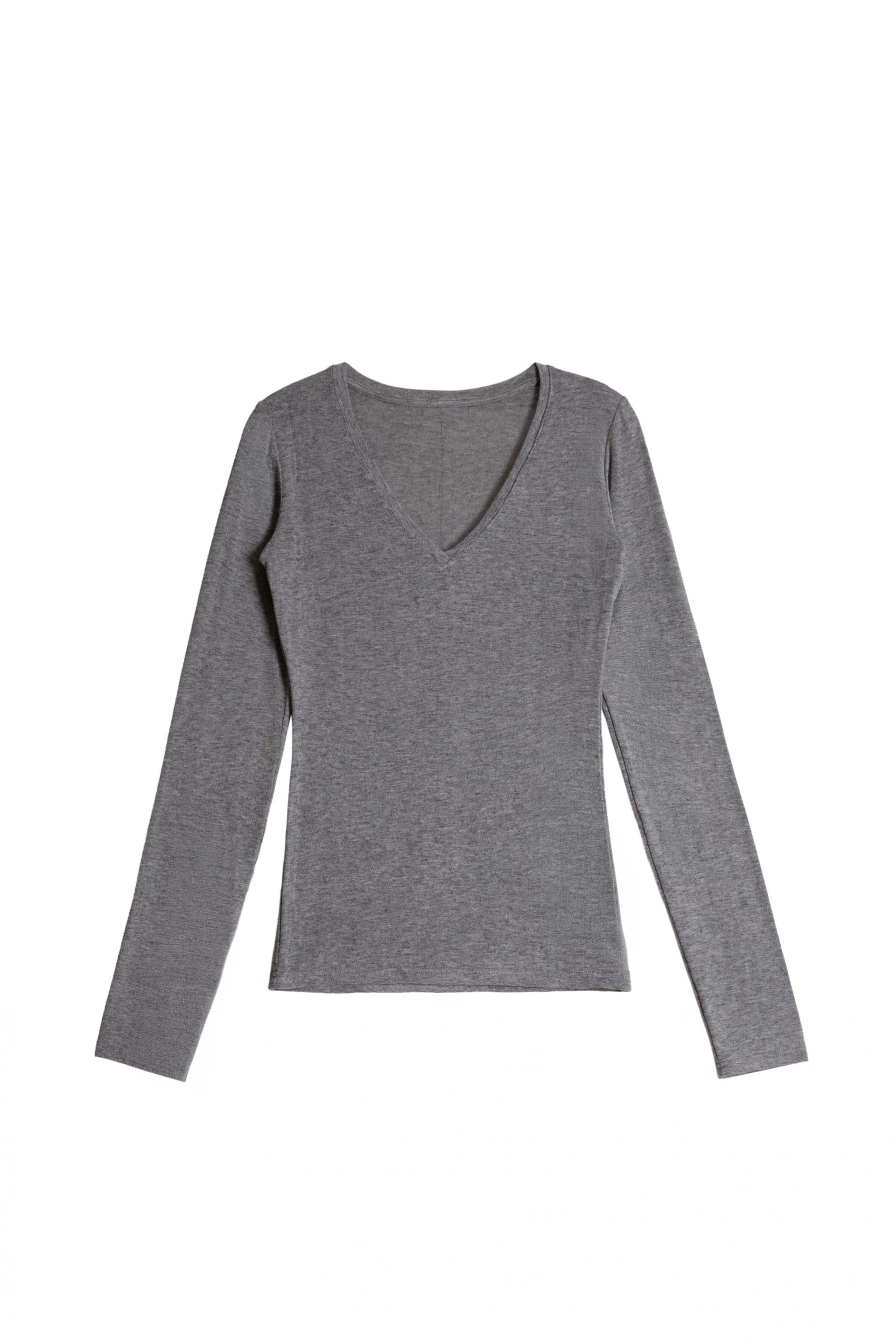 Deep V L/S T-shirts [Melange Gray]