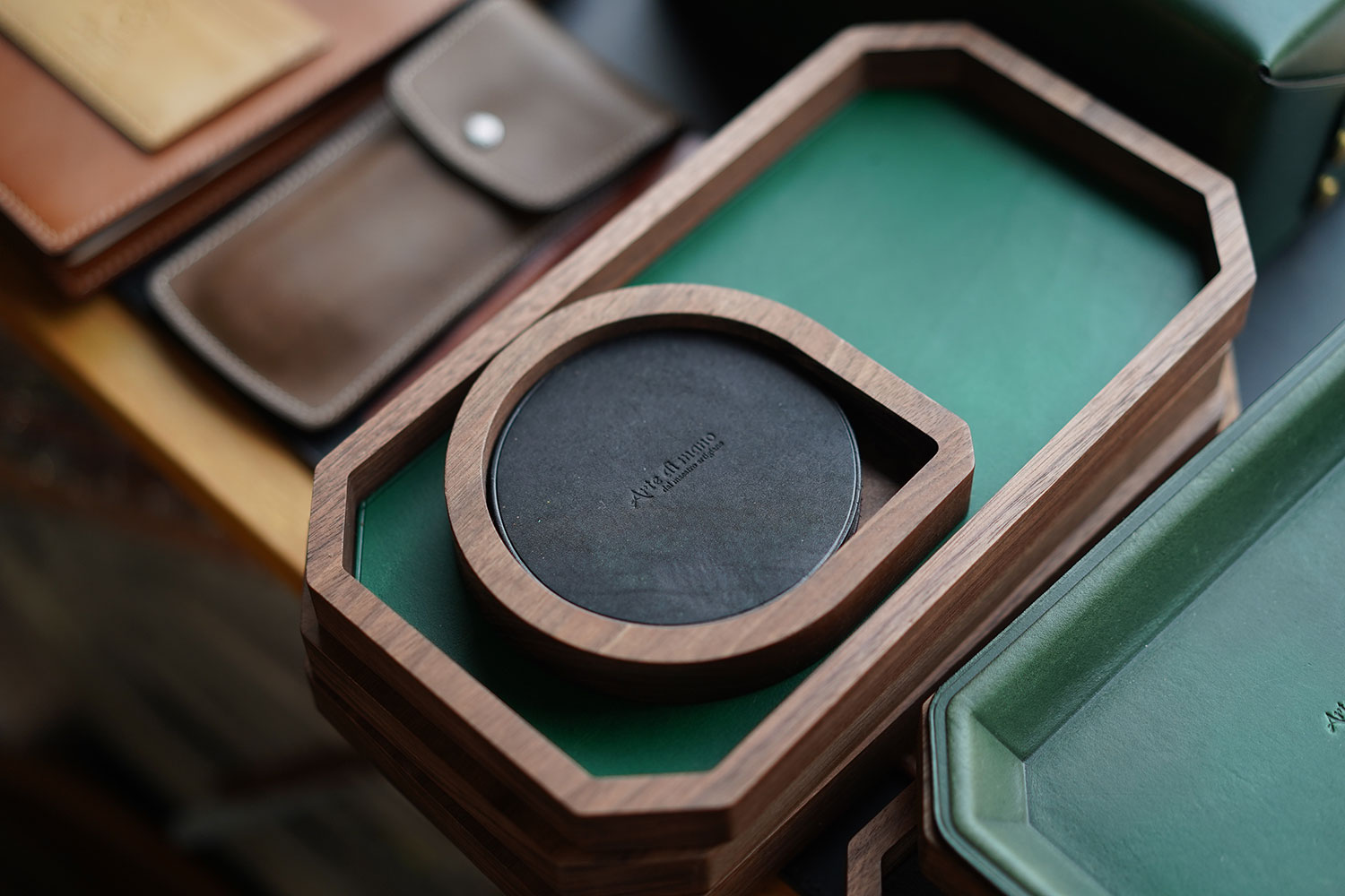 Leather Inlay Walnut Tray