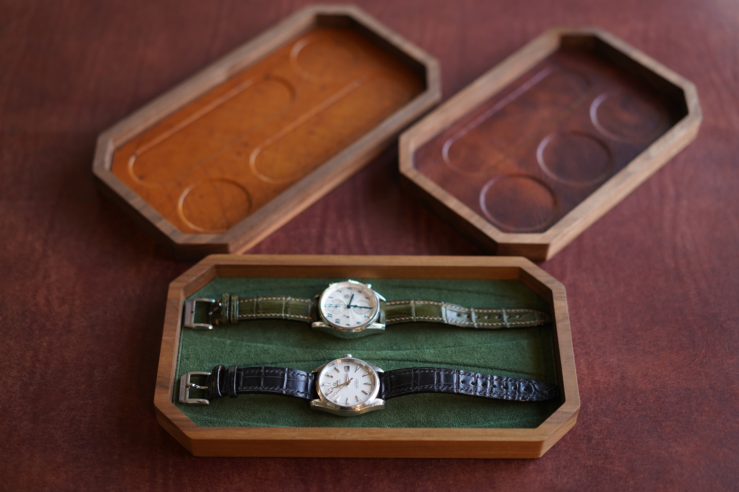 Leather Inlay Organize Walnut Tray