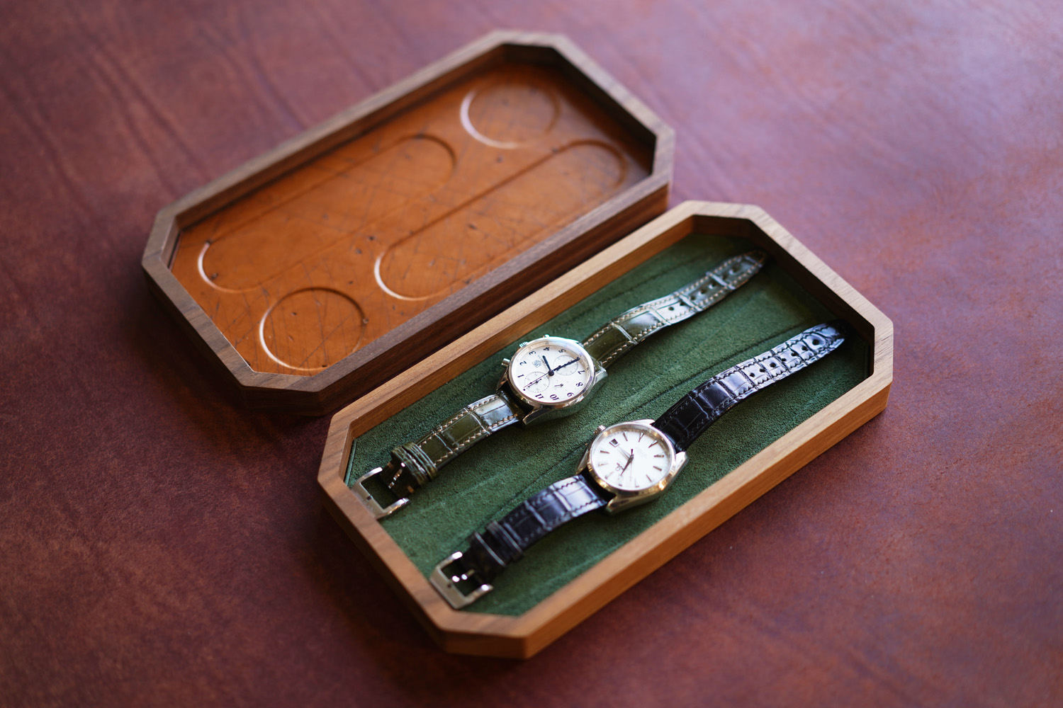 Leather Inlay Organize Walnut Tray