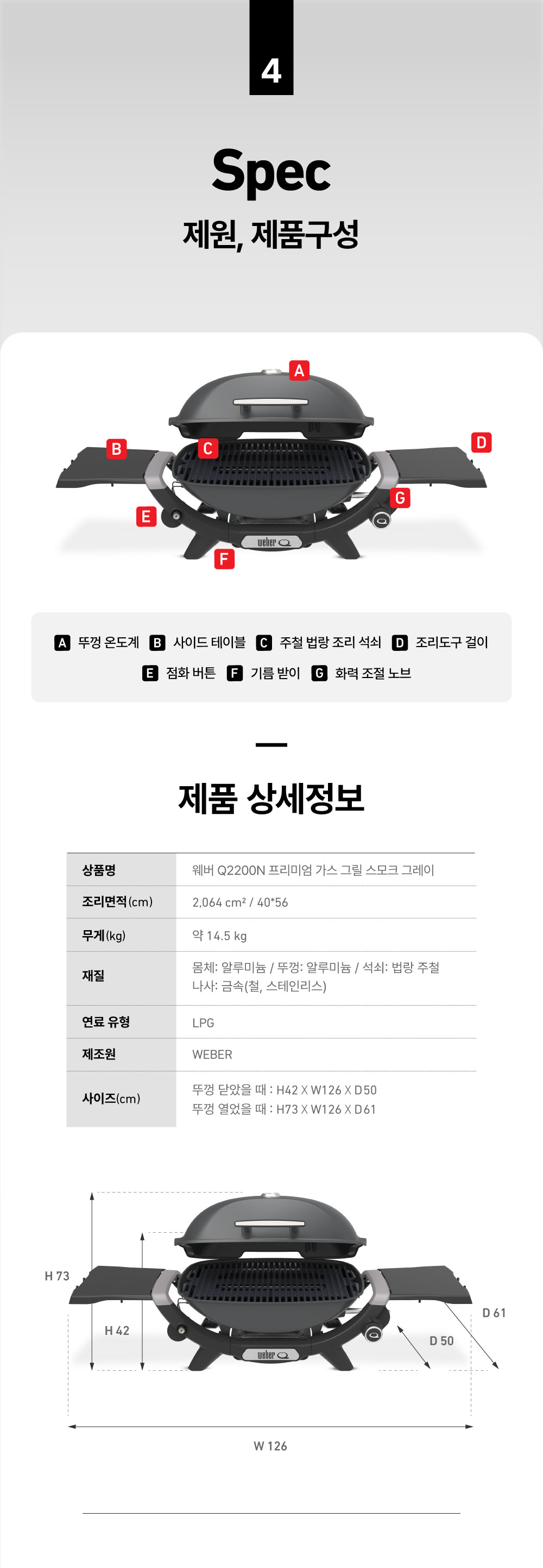 Q2200N 스모크 가스 그릴 그레이