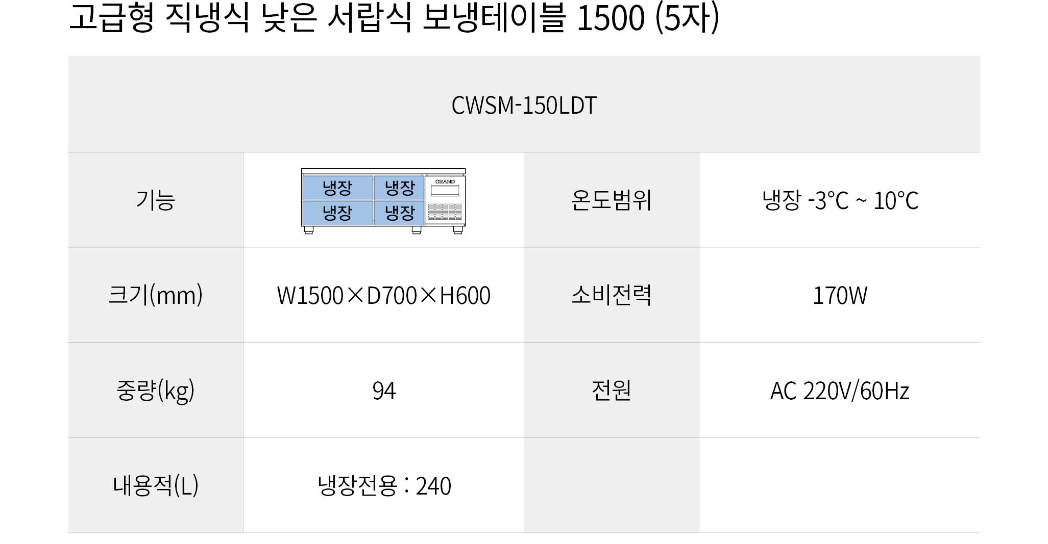 우성 직냉식 낮은 서랍식 보냉테이블 냉장고 6자 CWSM-150LDT