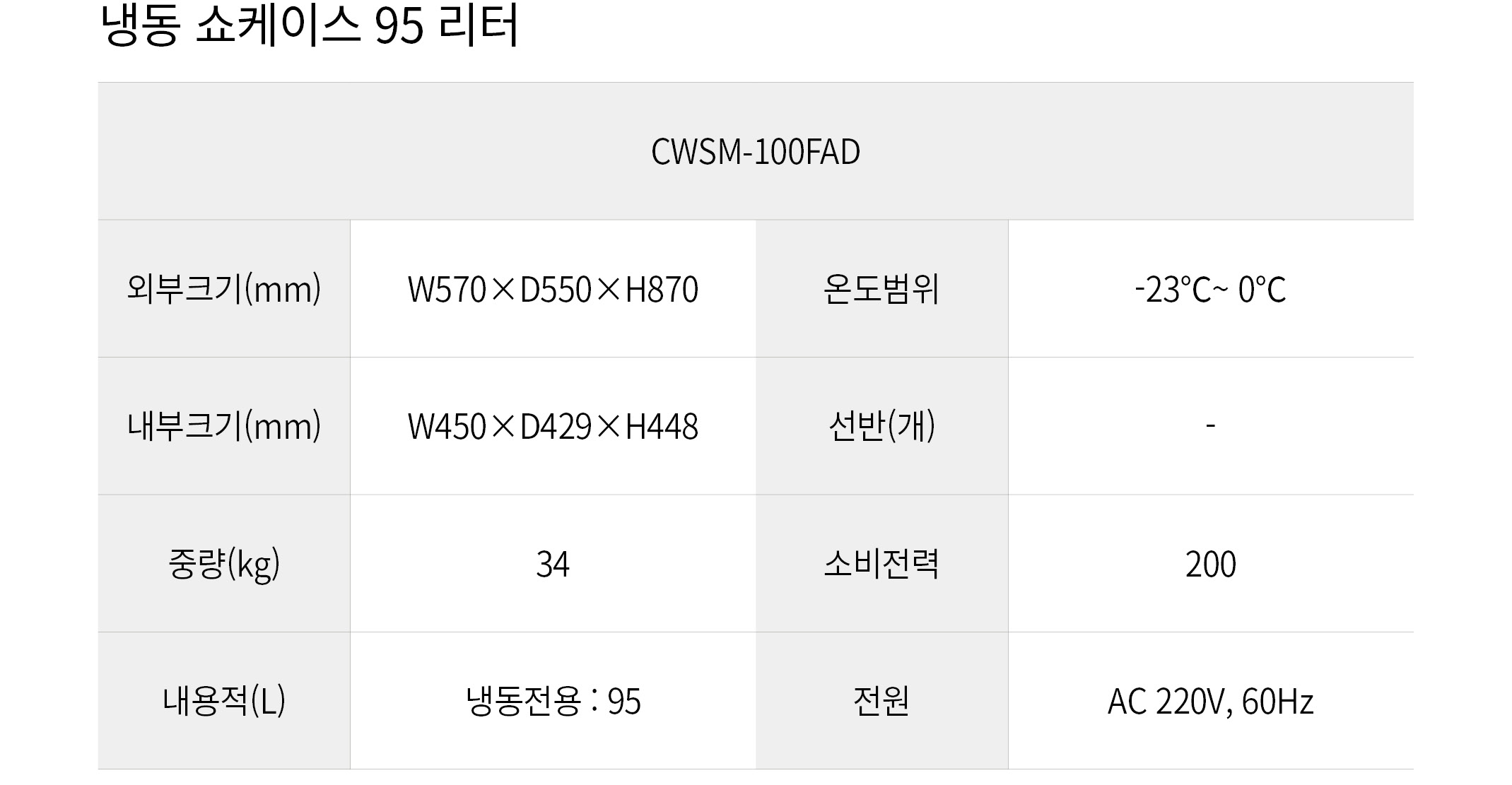 우성 냉동쇼케이스 95L CWSM-100FAD