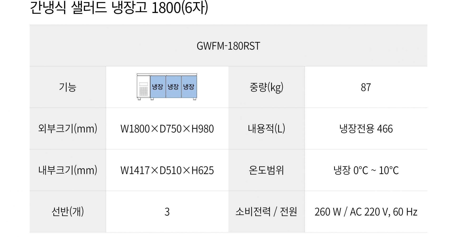 우성 간냉식 6자 샐러 냉장고 GWFM-180RST