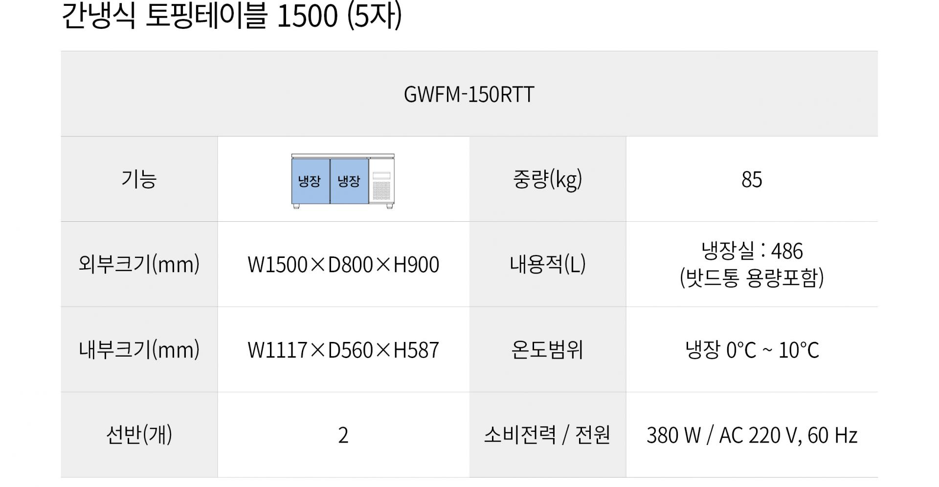 우성 간냉식 5자 토핑테이블 냉장고 올냉장 GWFM-150RTT