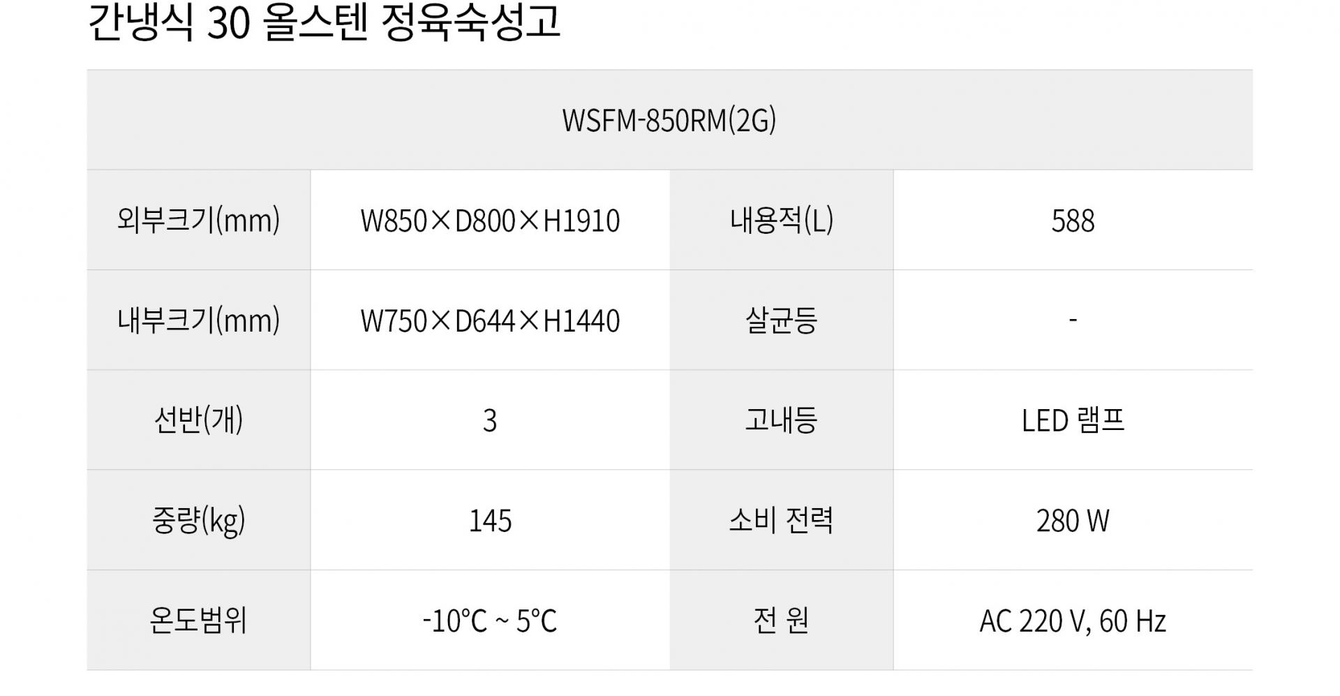 우성 간냉식 30박스 정육숙성고 WSFM-850RM (2G)