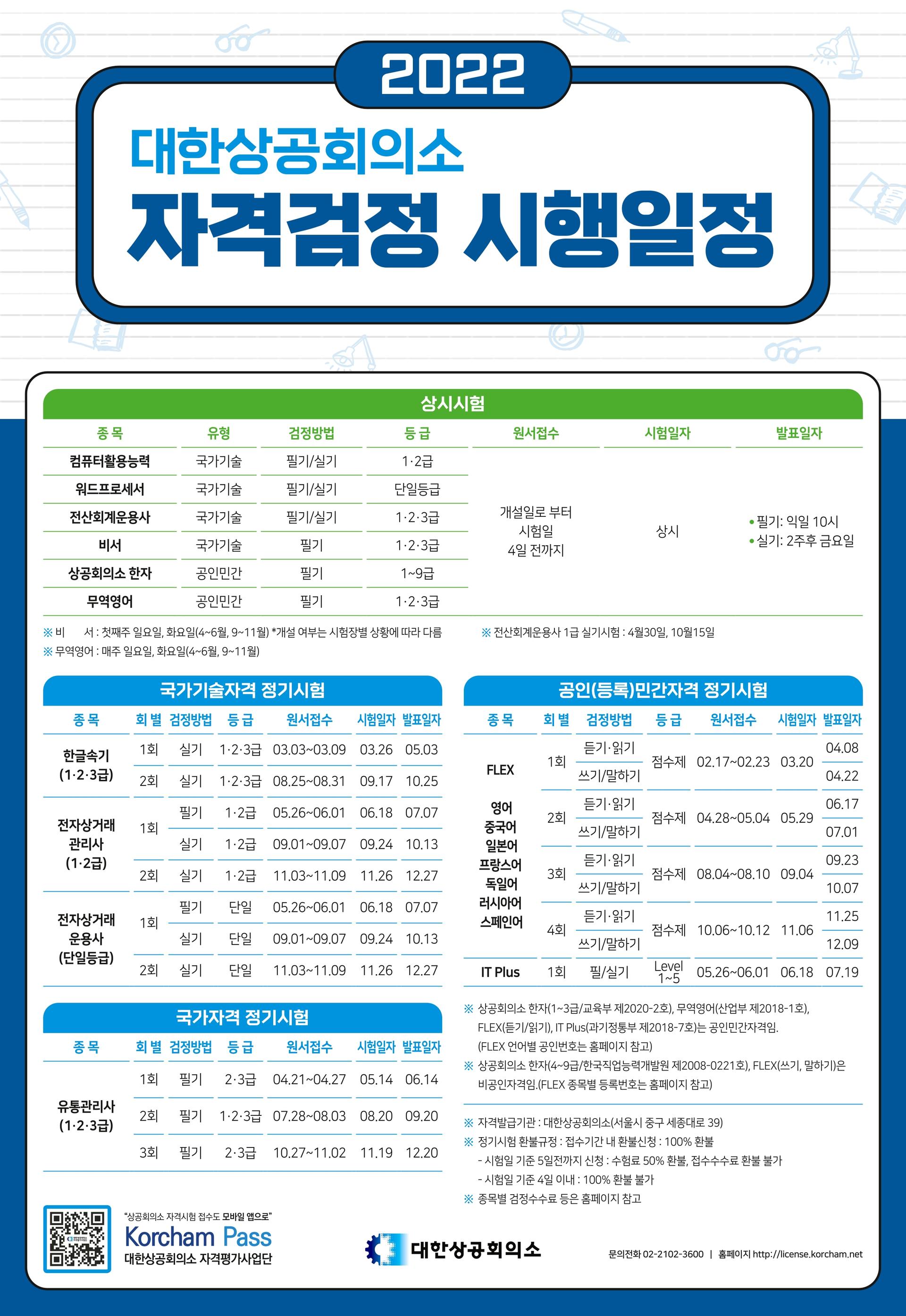 2022년 대한상공회의소 자격검정 시행일정 안내(출처 : 대한상공회의소 자격평가사업단) : 핵심인재평생교육원