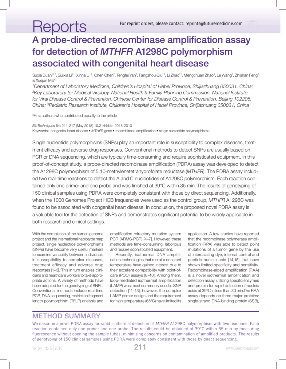 A probe directed recombinase amplification assay for detection of mthfr
