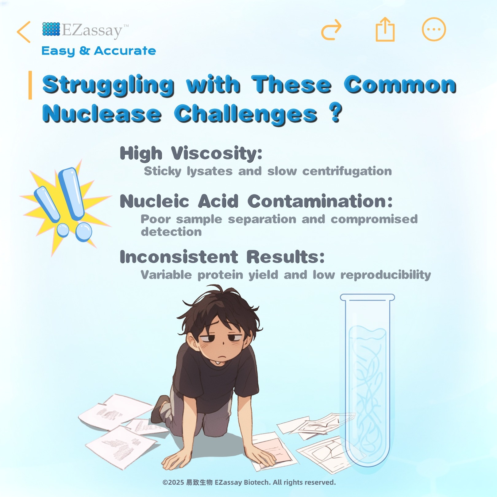 문구: 'EZassay" Easy & Accurate I Struggling with These Common Nuclease Challenges High Viscosity: Sticky Iysates and slow centrifugation Nucleic Acid Contamination: Poor sample separation and compromised detection Inconsistent Results: Variable protein yield and low reproducibility B20158数会当-2s.yitei.litiri reserved. ©2025 歌生物 EZassay Biotech. ALl rights'의 그래픽일 수 있음