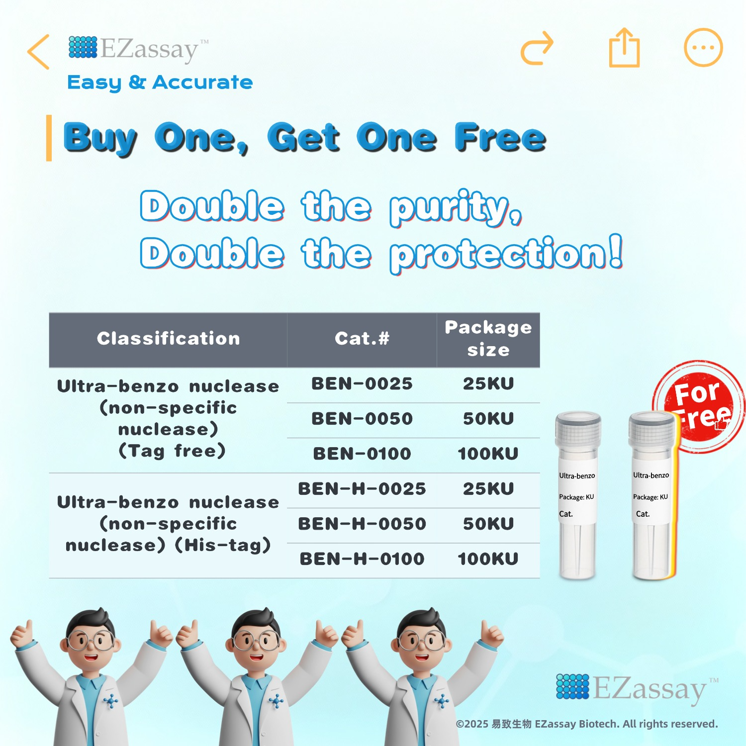문구: 'EZassay™ Easy & Accurate I Buy One, Get One Free Double the purity, Double the protection! Classification Cat.# Package size Ultra-benzo nuclease (non-specific (non specific nuclease) (Tag free) BEN-0025 25 BEN-0050 50κи BEN-0100 100KU For Free Ultra-benzo nuclease (non-specific nuclease) (His-tag) BEN-H-0025 "" 25KU Ultra សរស a.にKし BEN-H-0050 Cat 50KU BEN-H-0100 100KU EZassay" @2025 易致生物 EZassay Biotech. AlL rights 2025/就生物@2z05s.i.dt.tititnt reserved.'의 이미지일 수 있음