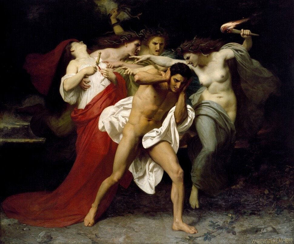윌리엄 아돌프 부그로의 〈복수의 여신들에게 쫓기는 오레스테스〉(1862). 어머니를 죽인 오레스테스를 쫓는 복수의 여신들을 형상화하고 있다. 출처 위키미디어 코먼스