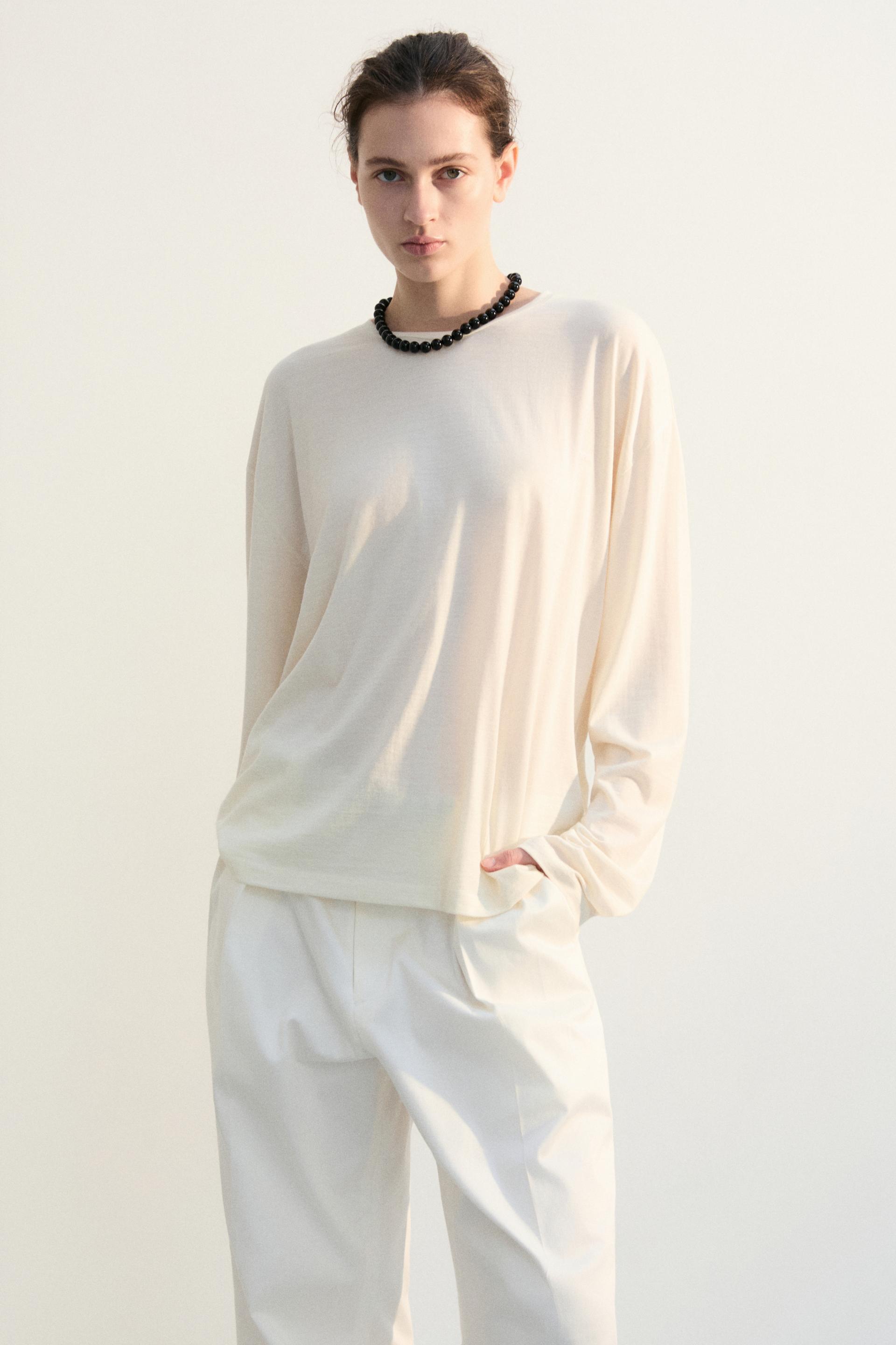 WOOL BLEND SILKY JERSEY TOP PEARL WHITE
