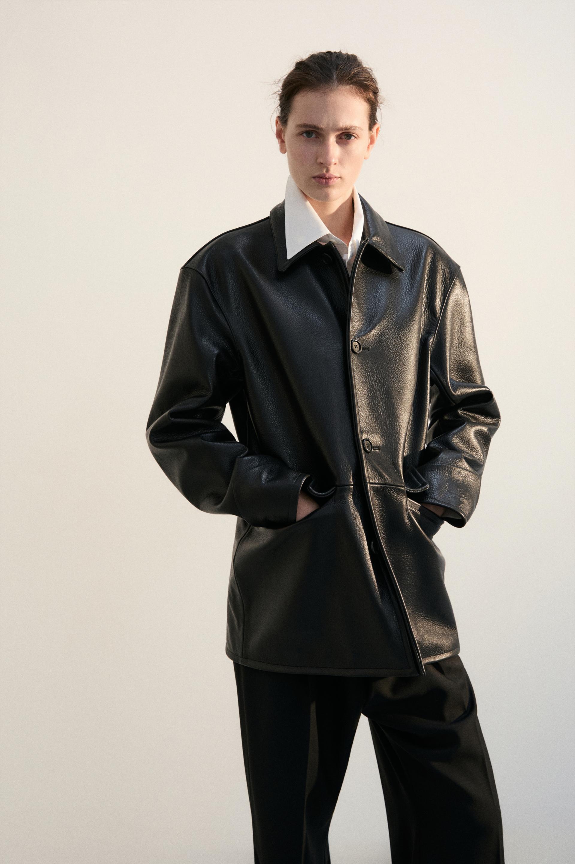 PEBBLE NAPPA LEATHER CAR COAT BLACK