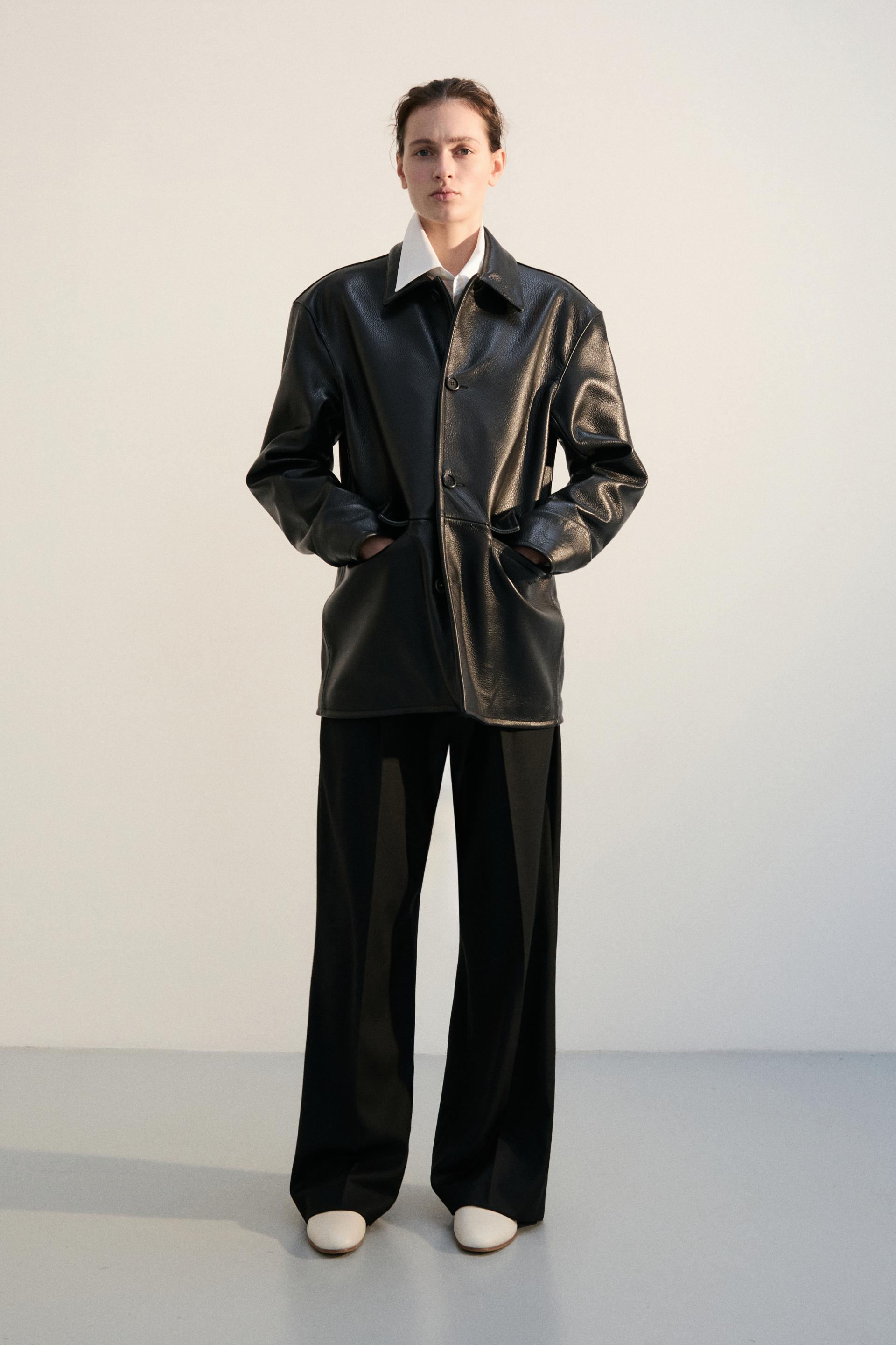 PEBBLE NAPPA LEATHER CAR COAT BLACK