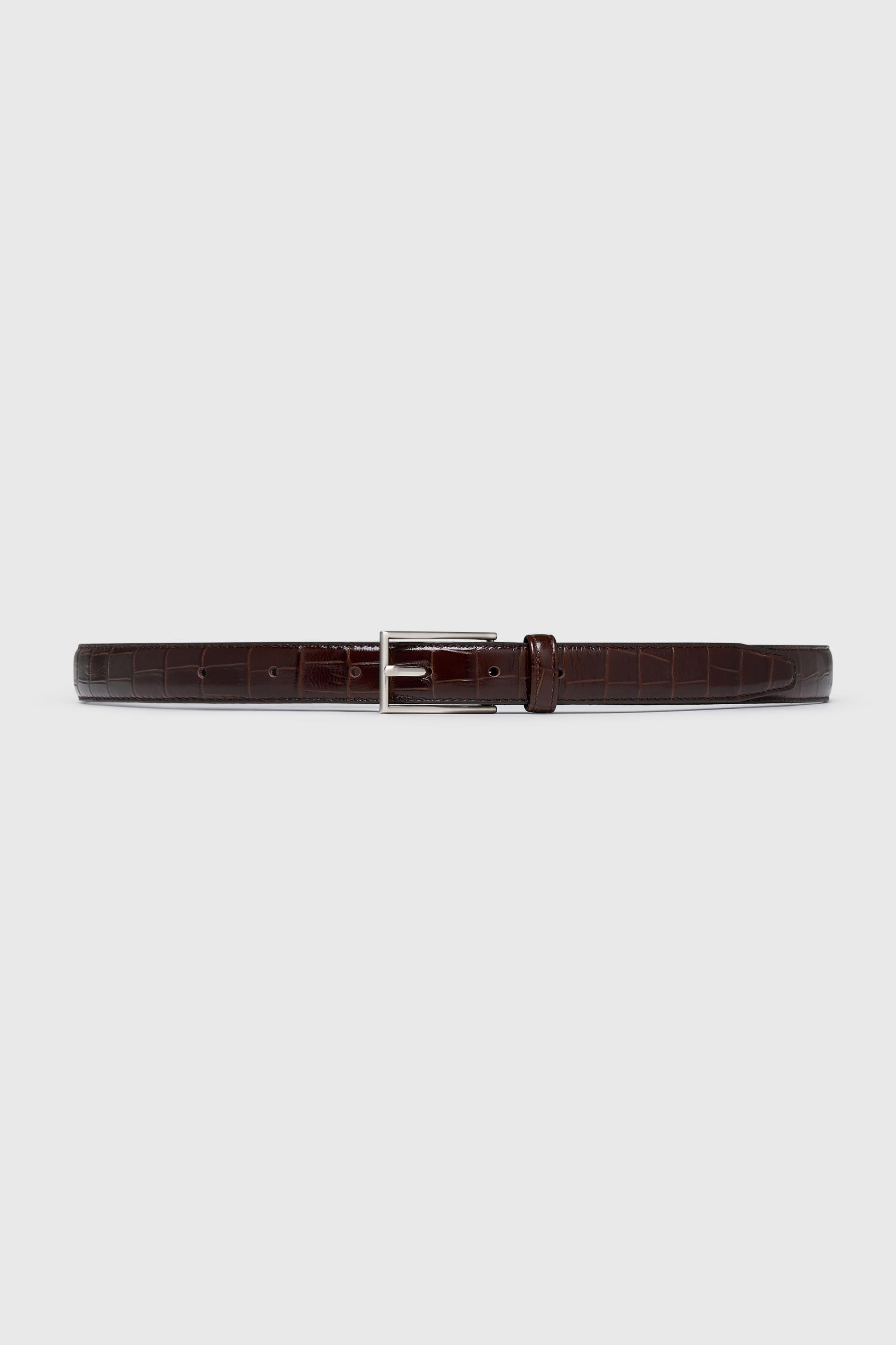 RECTANGLE BUCKLE BELT CHESTNUT CROCO SILVER