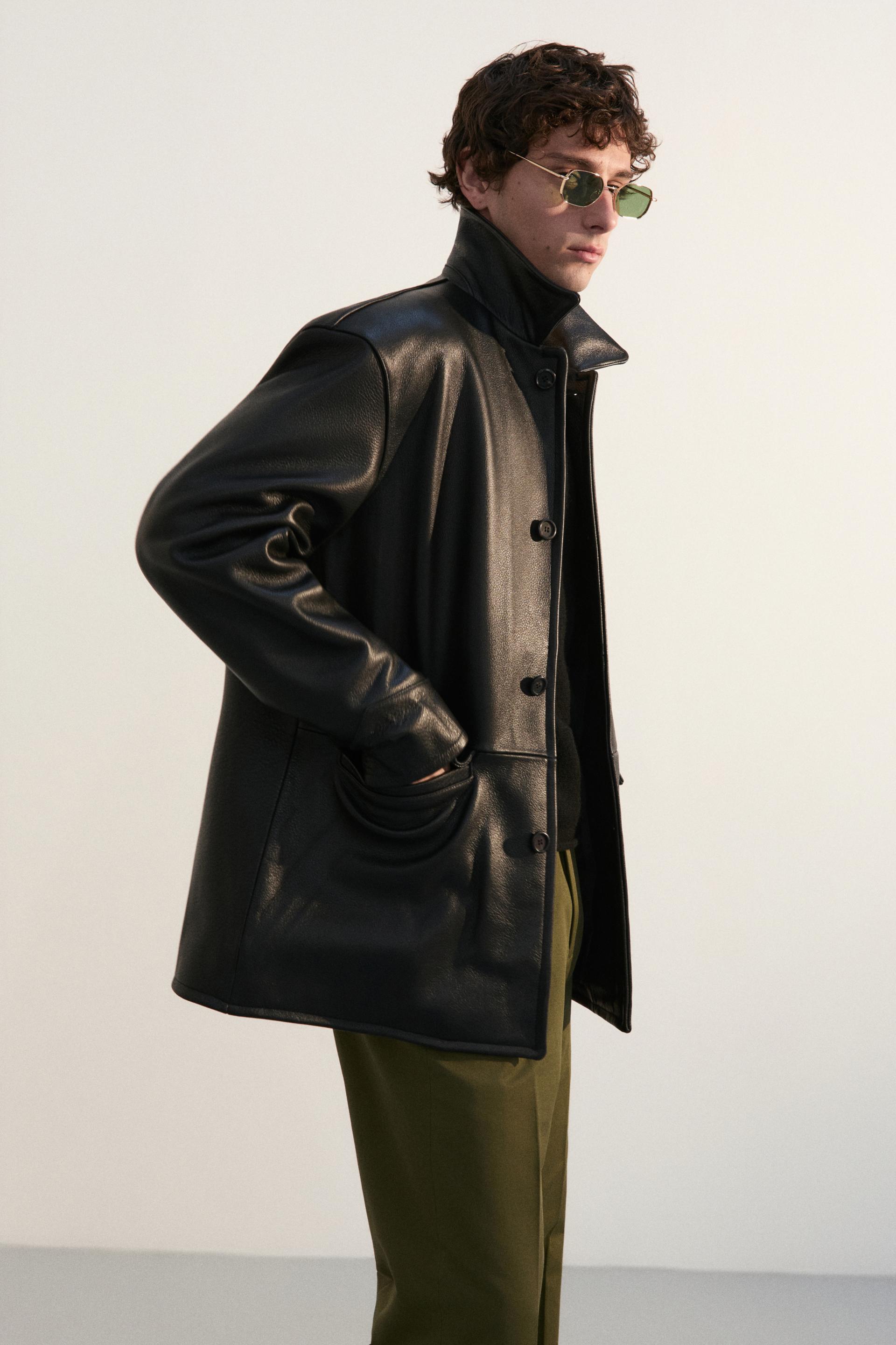 PEBBLE NAPPA LEATHER CAR COAT BLACK