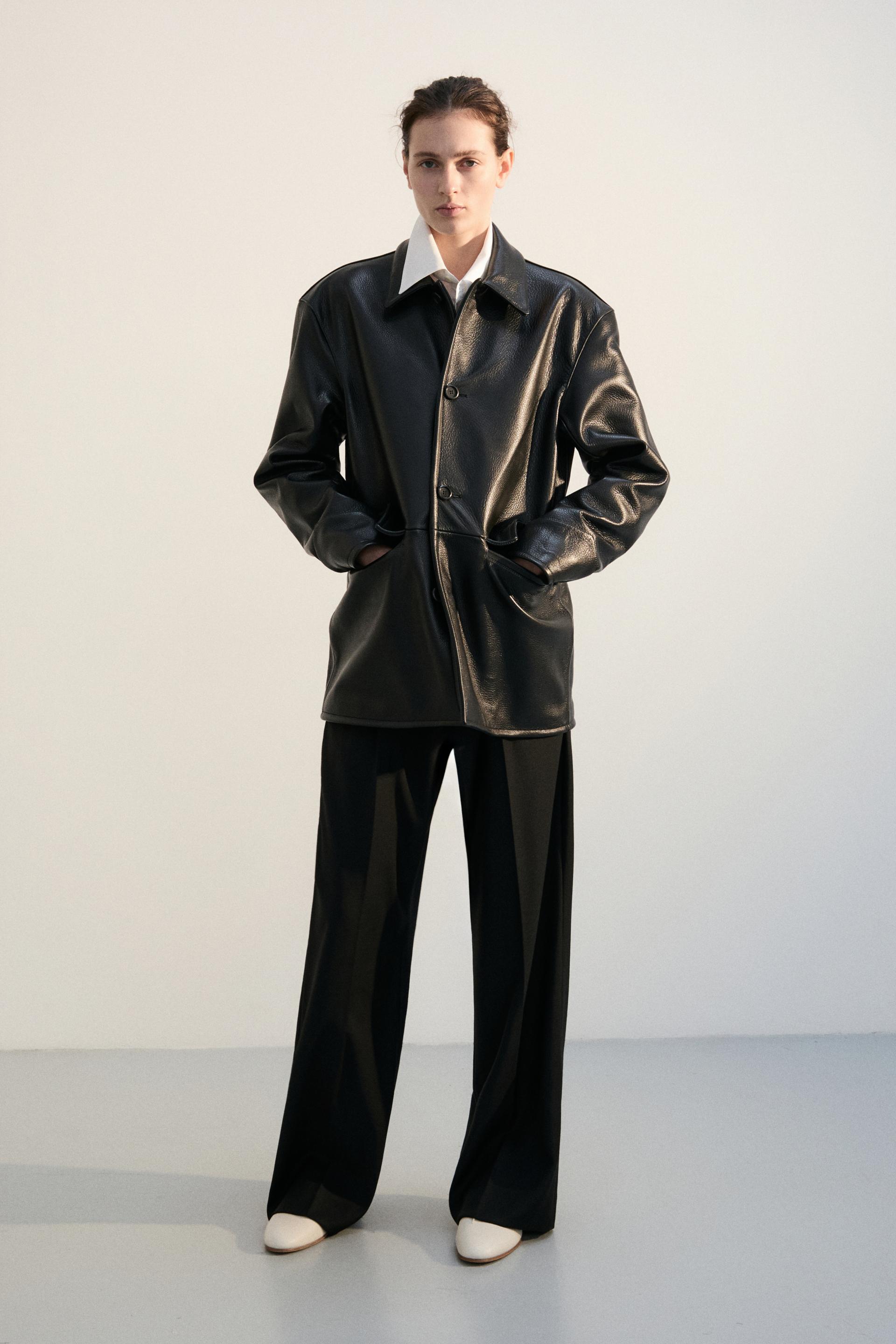 PEBBLE NAPPA LEATHER CAR COAT BLACK