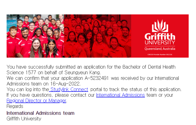 [호주치대] 그리피스대학교 치대 Bachelor of Dental Health Science, O연님, 오늘 입학신청이